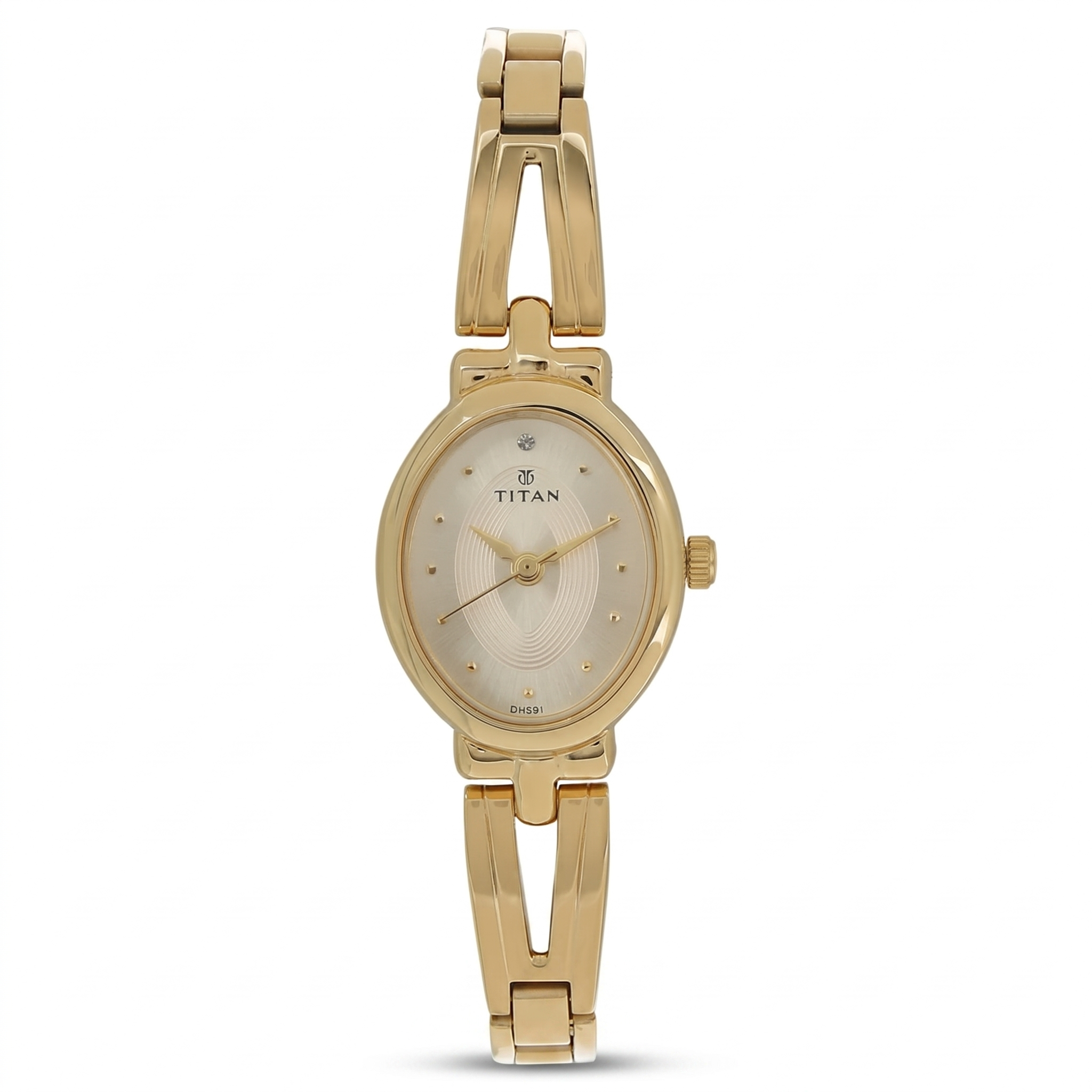 Titan 2594YM01 | Titan Quartz Analog Champagne Dial Golden Stainless Steel Strap Oval Shaped Watch For Women