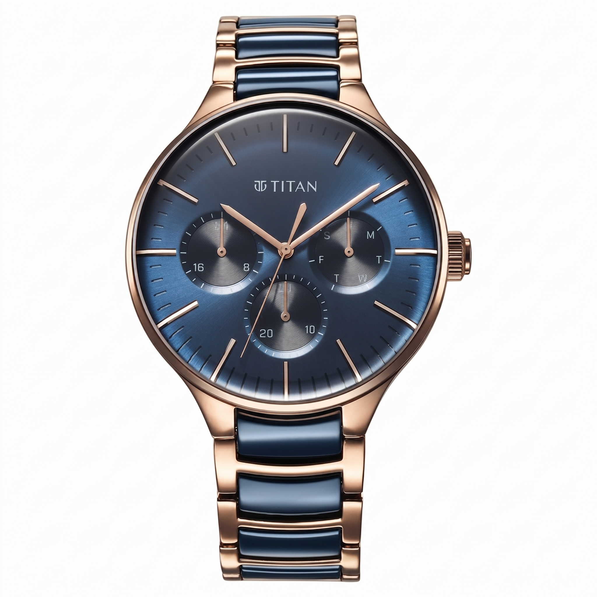Titan 90148KD04 | Titan Ceramic Fusion Quartz Multifunction Blue Dial With Two Toned Color Stainless Steel Strap Watch For Men