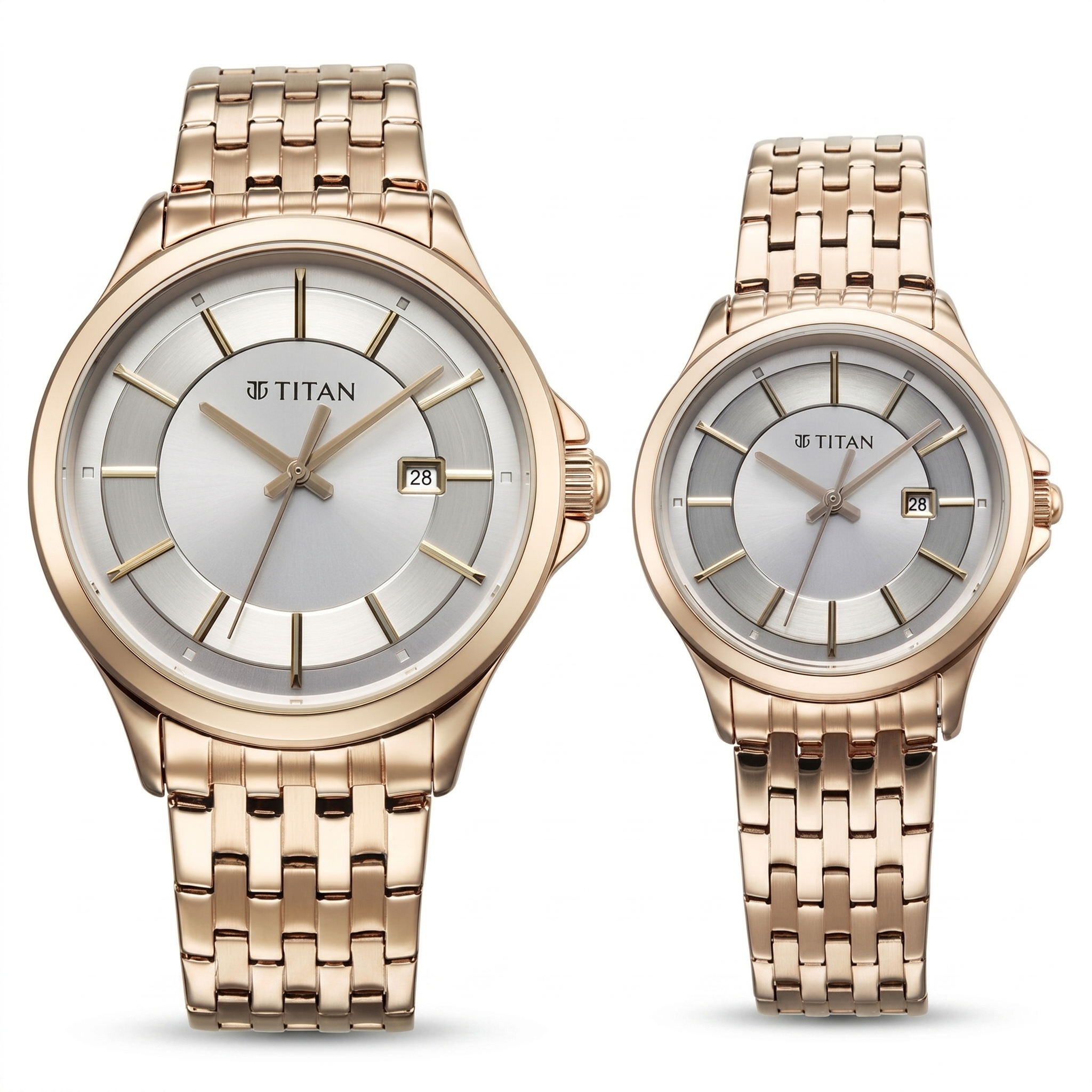 Titan 9401194211WM01 | Titan Bandhan Quartz Analog with Date Silver Dial Rose Gold Stainless Steel Strap Watch For Couple