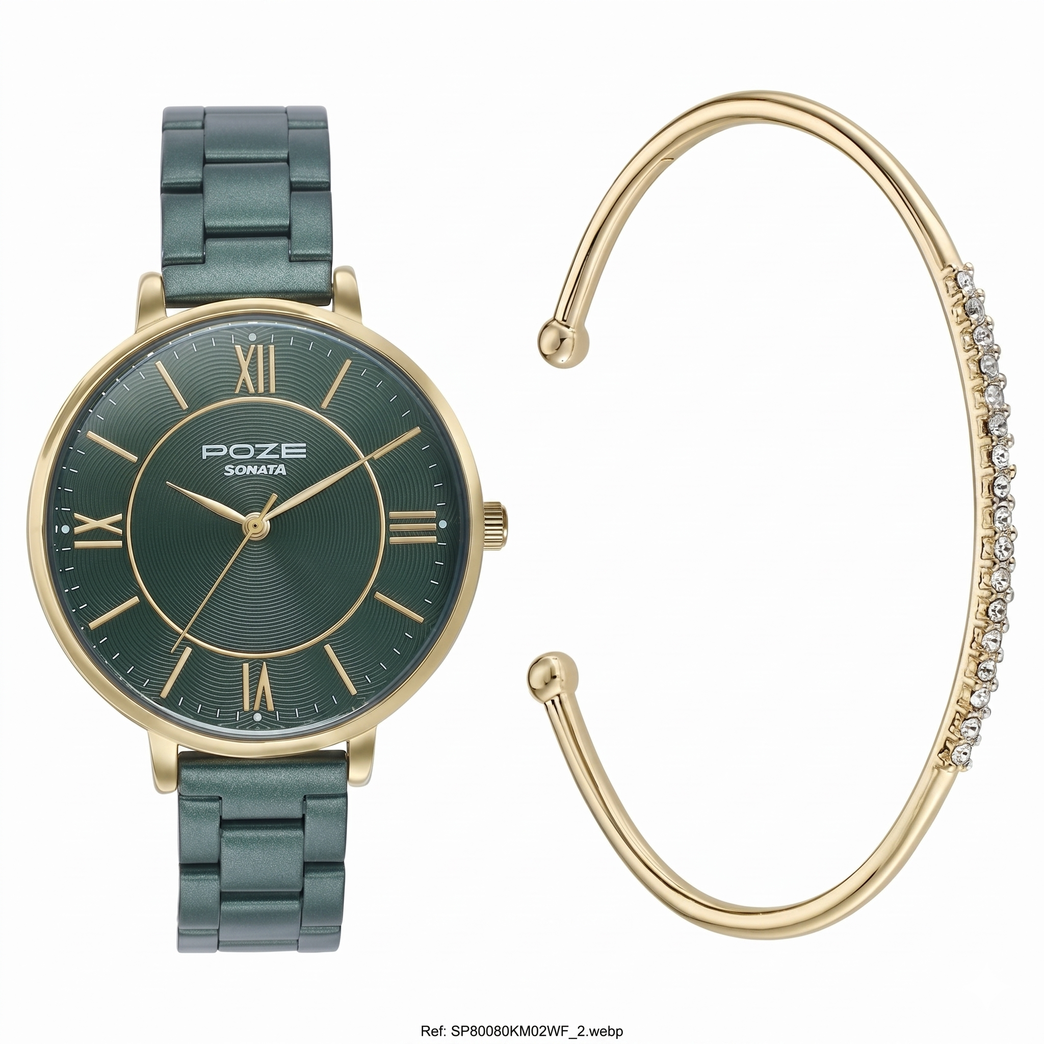 Sonata SP80080KM02WF | Sonata Poze Quartz Analog Green Dial Stainless Steel Strap Watch For Women