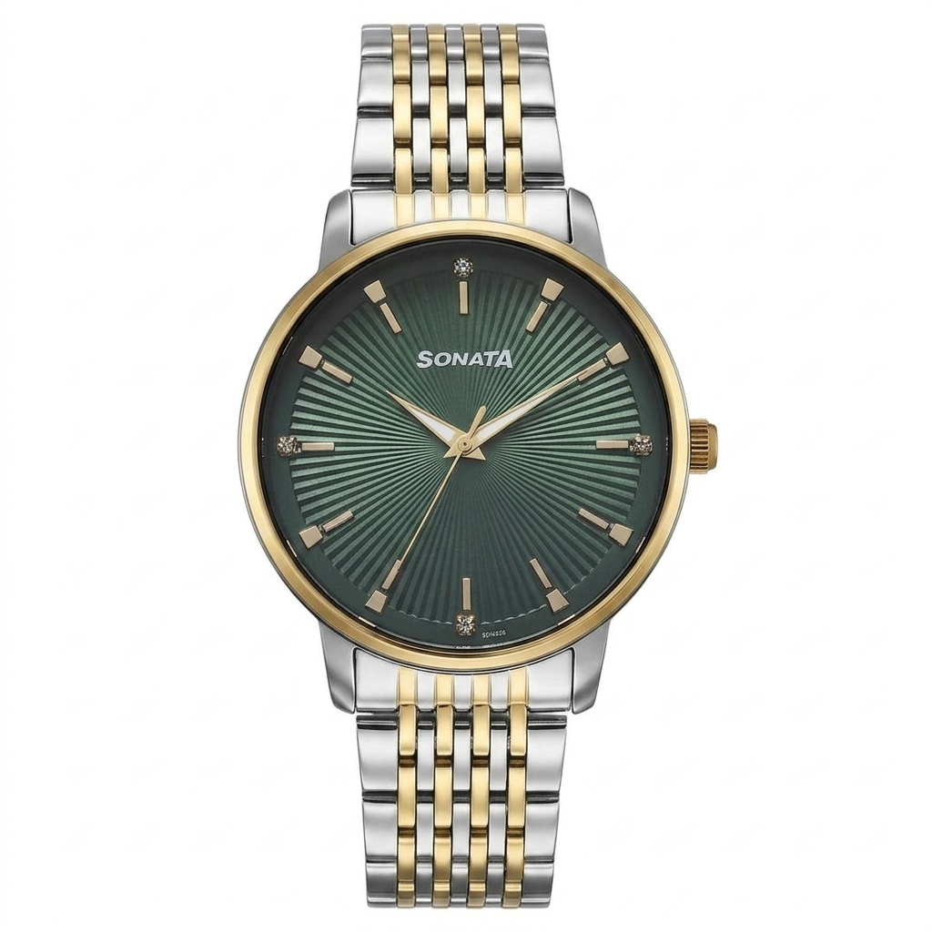 Sonata 77156BM02 | Sonata Eternia Quartz Analog Green Dial Metal Strap Watch For Men