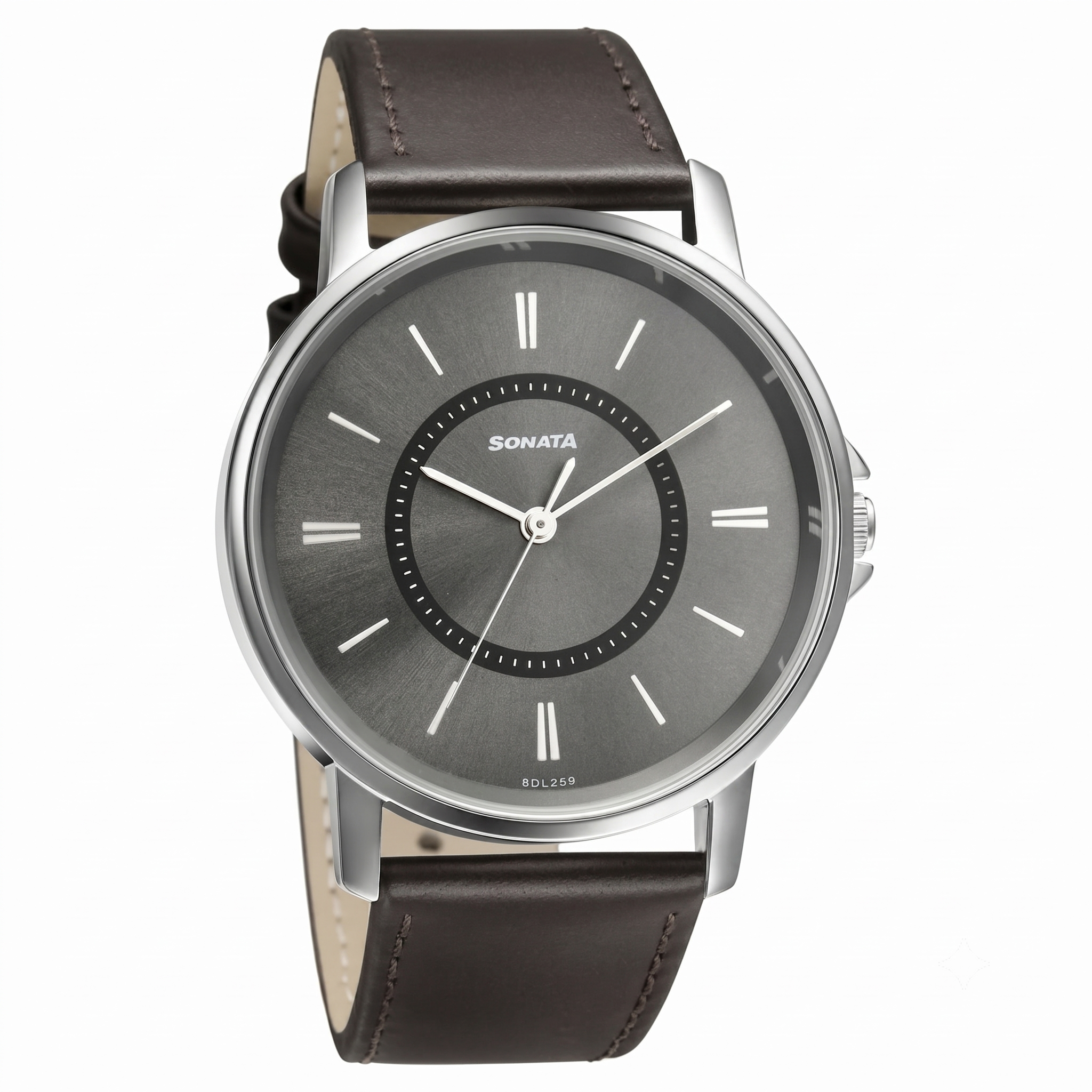 Sonata 77083SL06 | Sonata Quartz Analog Grey Dial Leather Strap Watch for Men