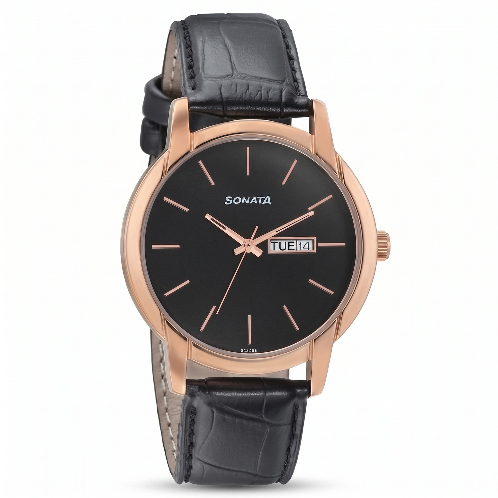 Sonata NP77031YL05 | Sonata Beyond Gold Quartz Analog with Day and Date Black Dial Leather Strap Watch for Men