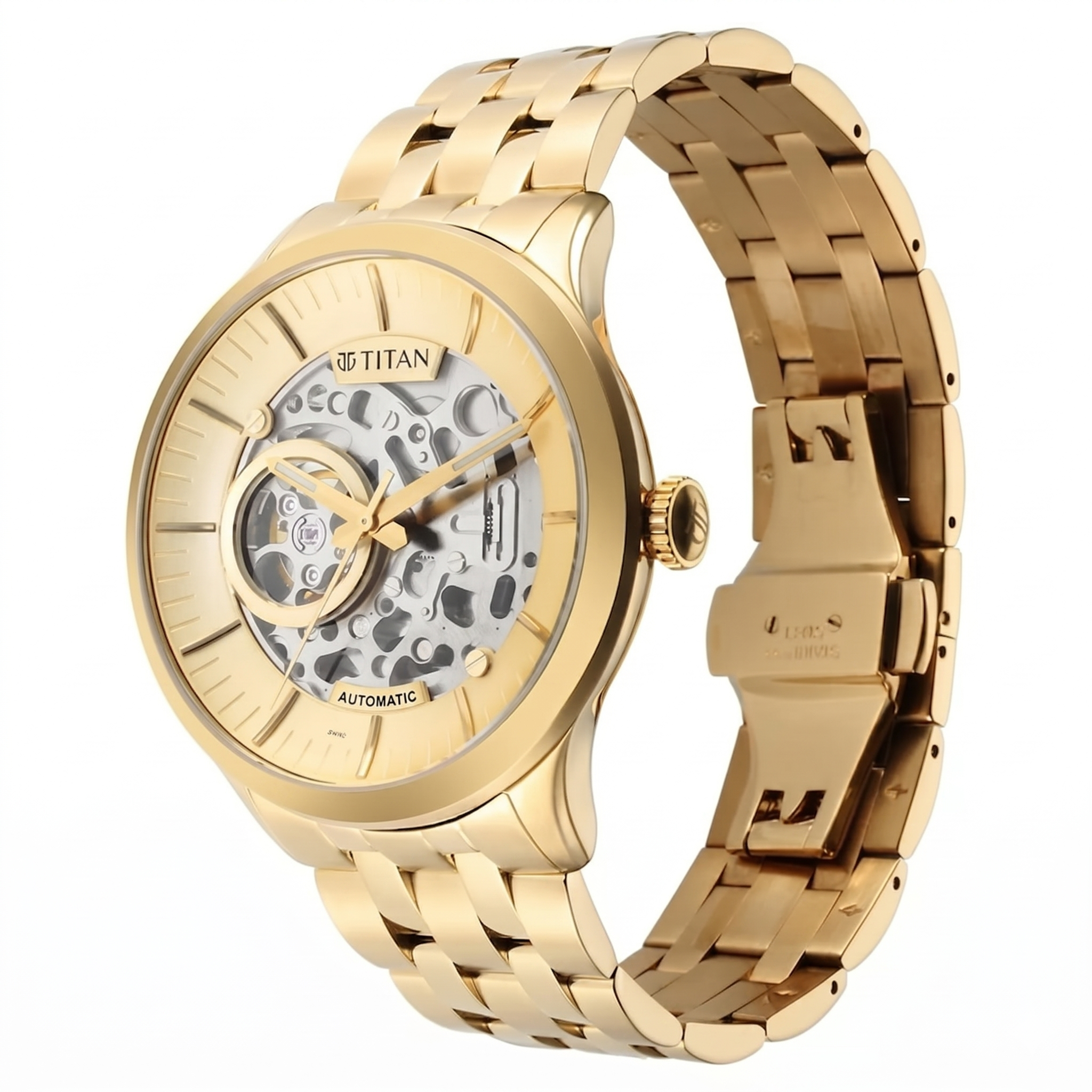 Titan 90140YM01 | Titan Metal Mechanicals Golden Dial Golden Stainless Steel Strap Watch for Men