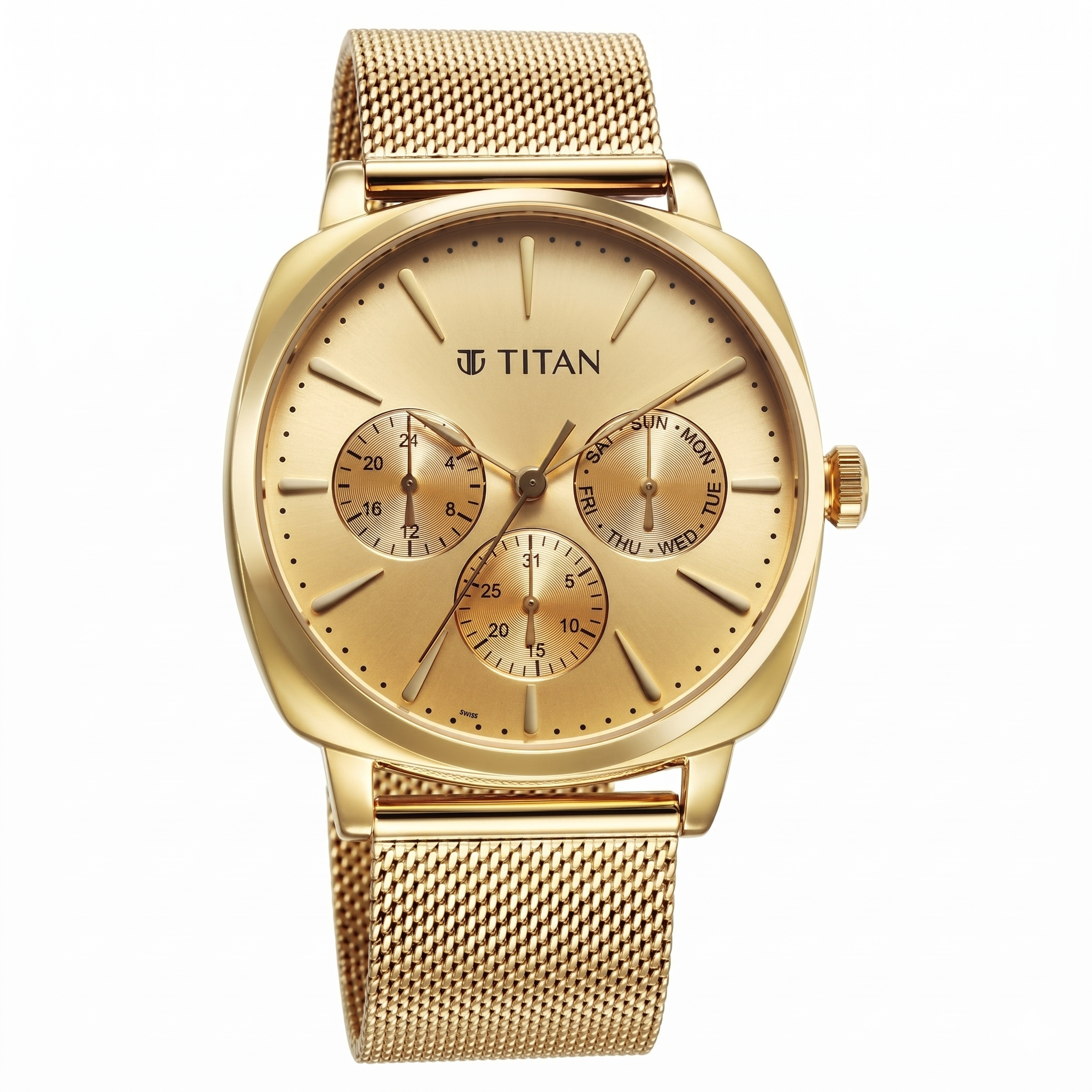 Titan 90189YM02 | Titan Classique Suave Quartz Yellow Dial Golden Stainless Steel Mesh Strap Watch for Men