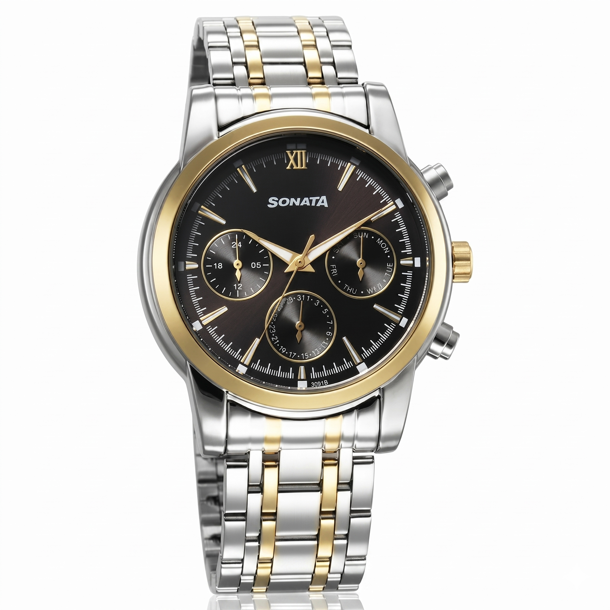 Sonata 77158BM01 | Sonata Wedding Multifunction Black Dial Stainless Steel Strap Watch For Men