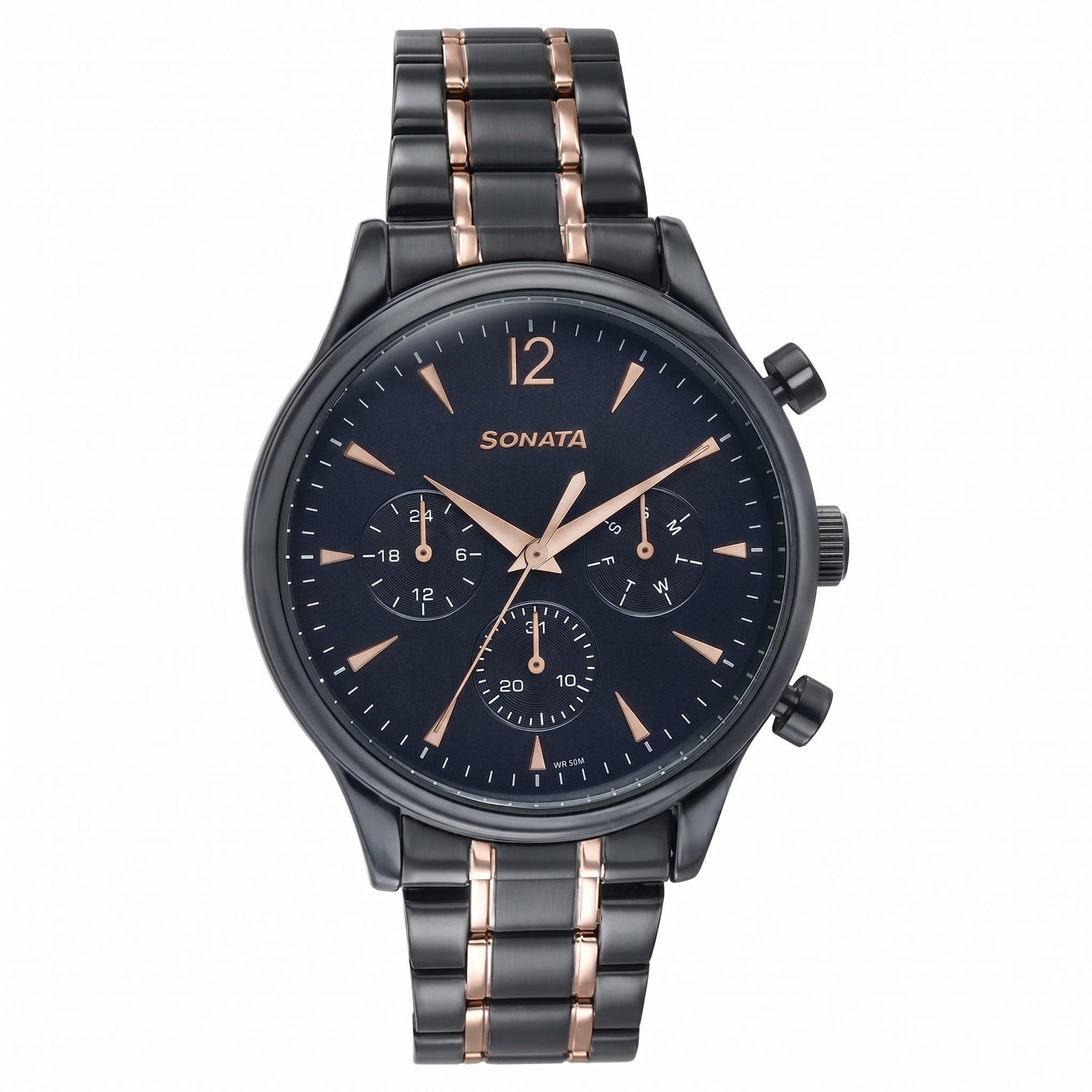 Sonata 77146KM02 | Sonata Wedding Edit Quartz Multifunction Black Dial Stainless Steel Strap Watch For Men