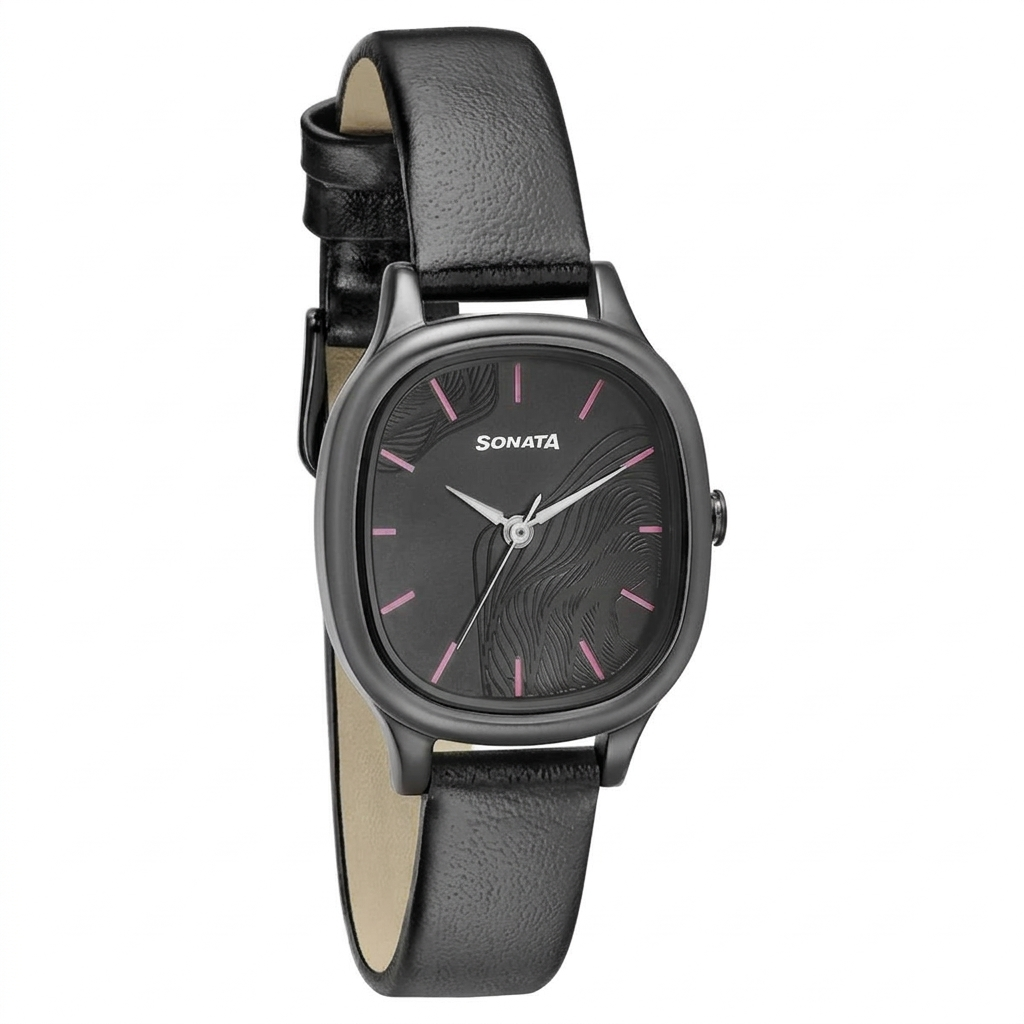 Sonata 8173NL01 | Sonata Linnea Black Dial Women Watch With Leather Strap