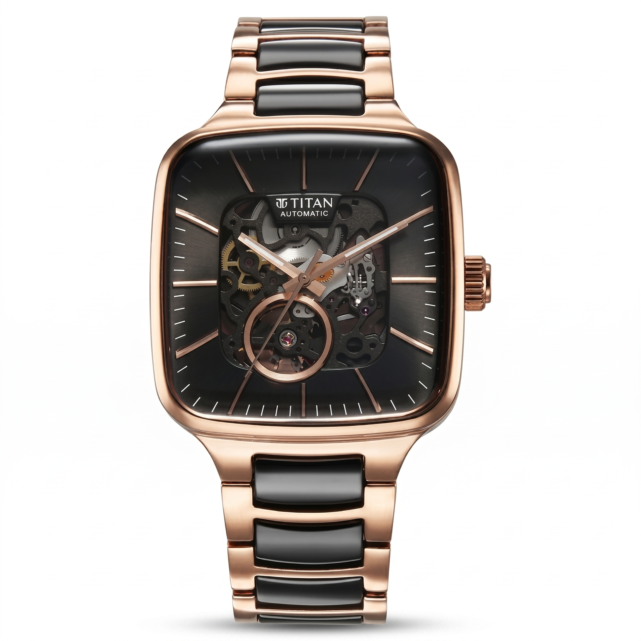 Titan 90175KD03 | Titan Ceramic Fusion Automatic Square Black Dial Silver Dual-Toned Stainless Steel Bracelet Watch for Men