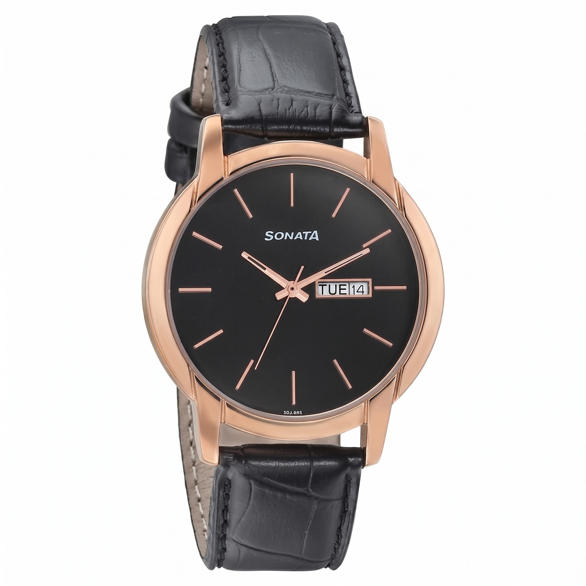 Sonata NP77031WL05 | Sonata Beyond Gold Quartz Analog with Day and Date Black Dial Leather Strap Watch for Men