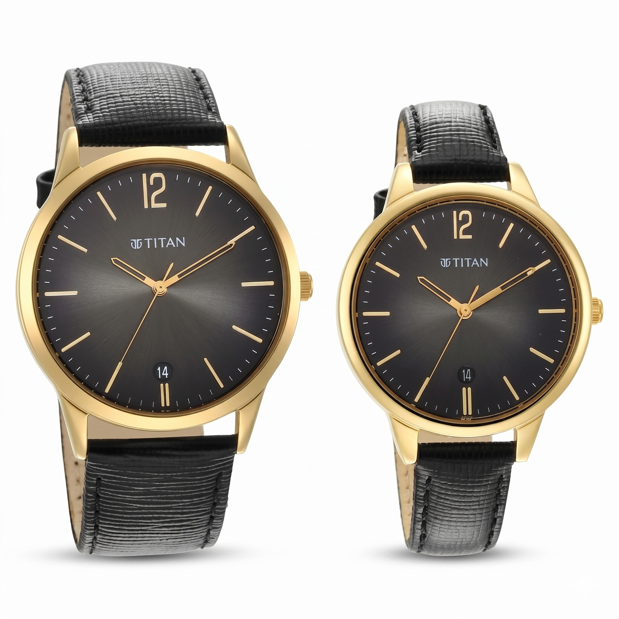 The Titan Pair 18062617YL01 | Titan Bandhan Anthracite Dial Analog Leather Strap Watch for Couple.
