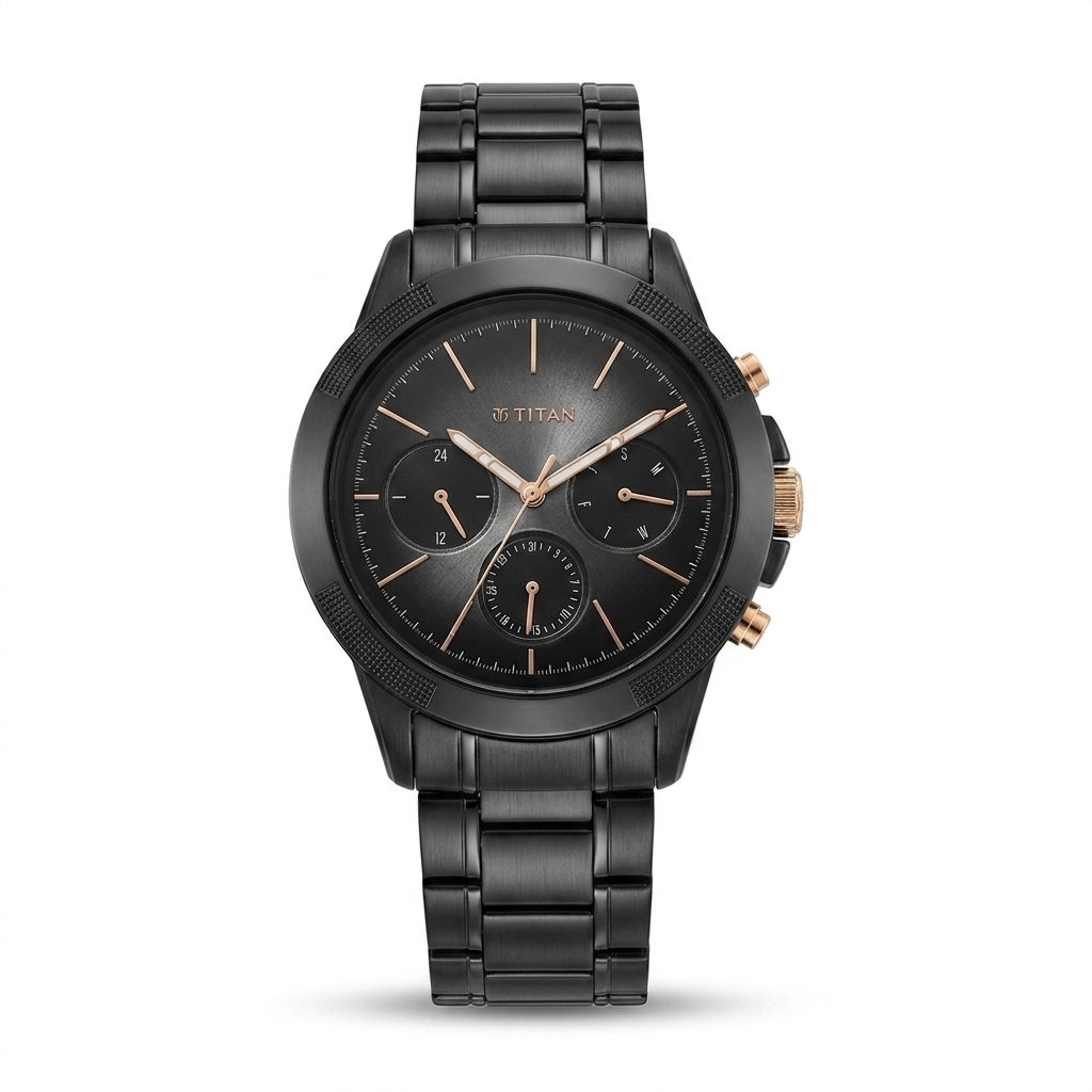 Titan 90090KD03 | Titan Quartet Black Dial Analog with Day and Date Steel and Ceramic Strap watch for Men