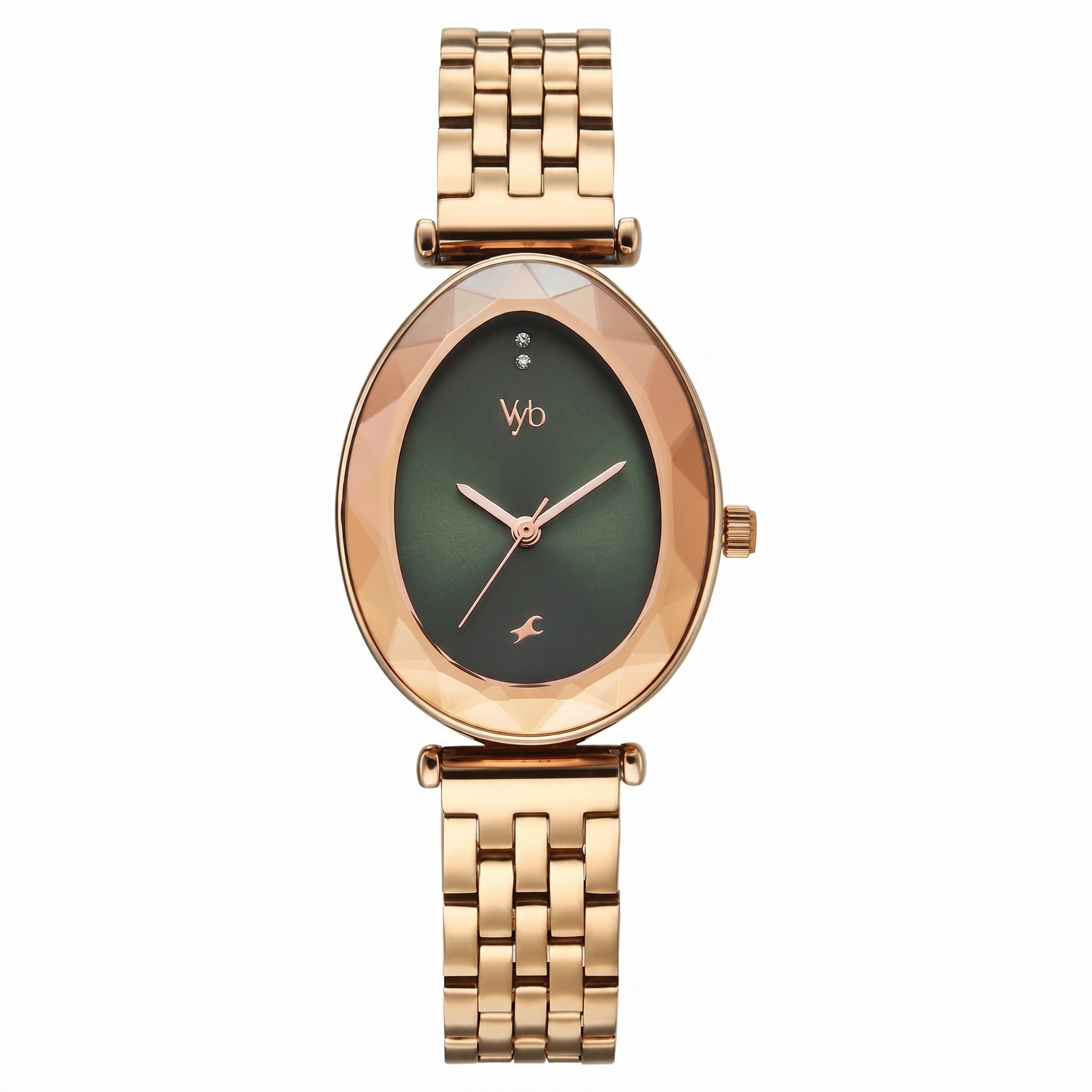 Fastrack FV60097WM02 | Vyb Prodigy By Fastrack Quartz Analog Green Dial Rose Gold Stainless Steel Strap Watch For Girls
