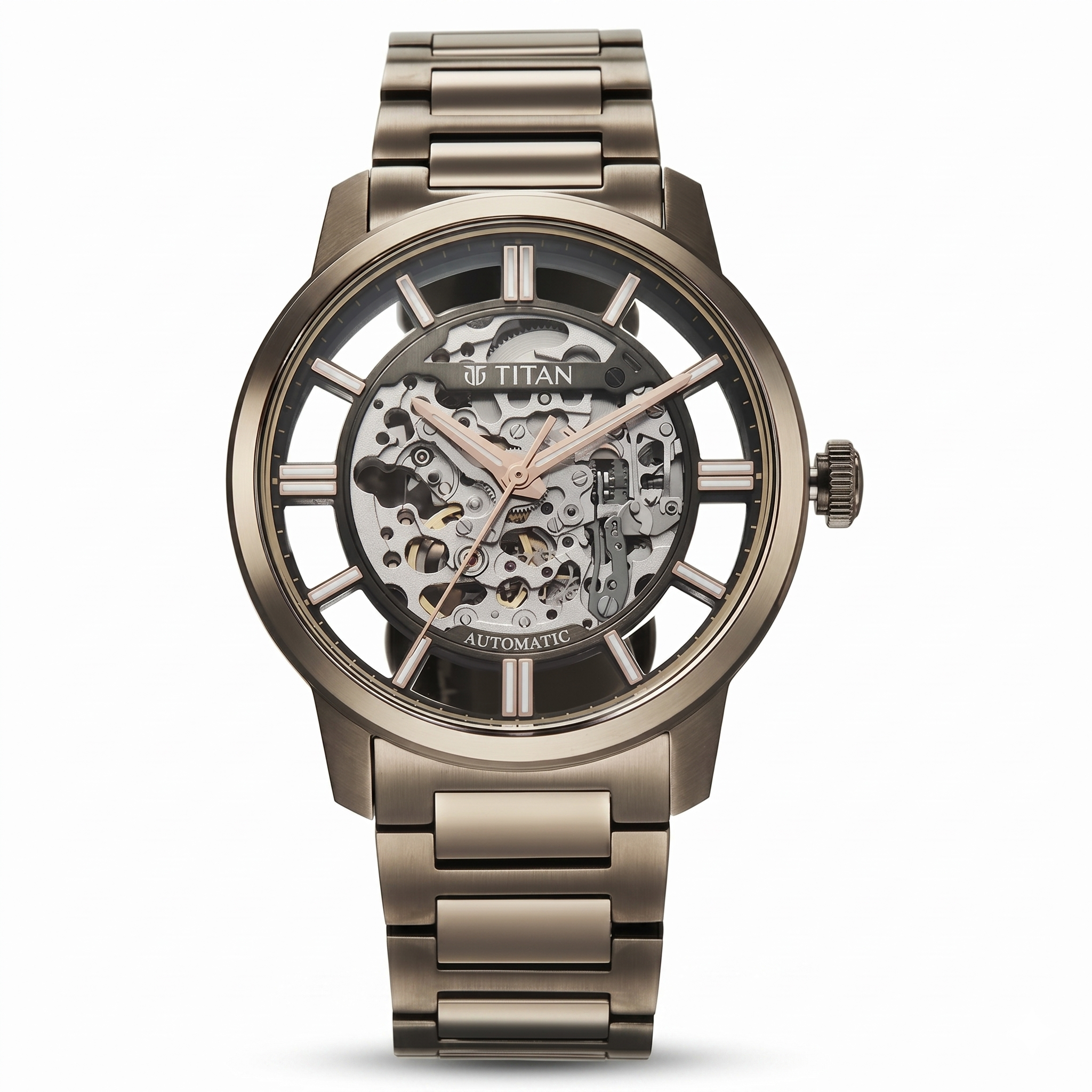Titan 90220QM01 | Titan See-Through Skeletal Automatic Analog with Black Dial Copper Brown Stainless Steel Strap Watch for Men