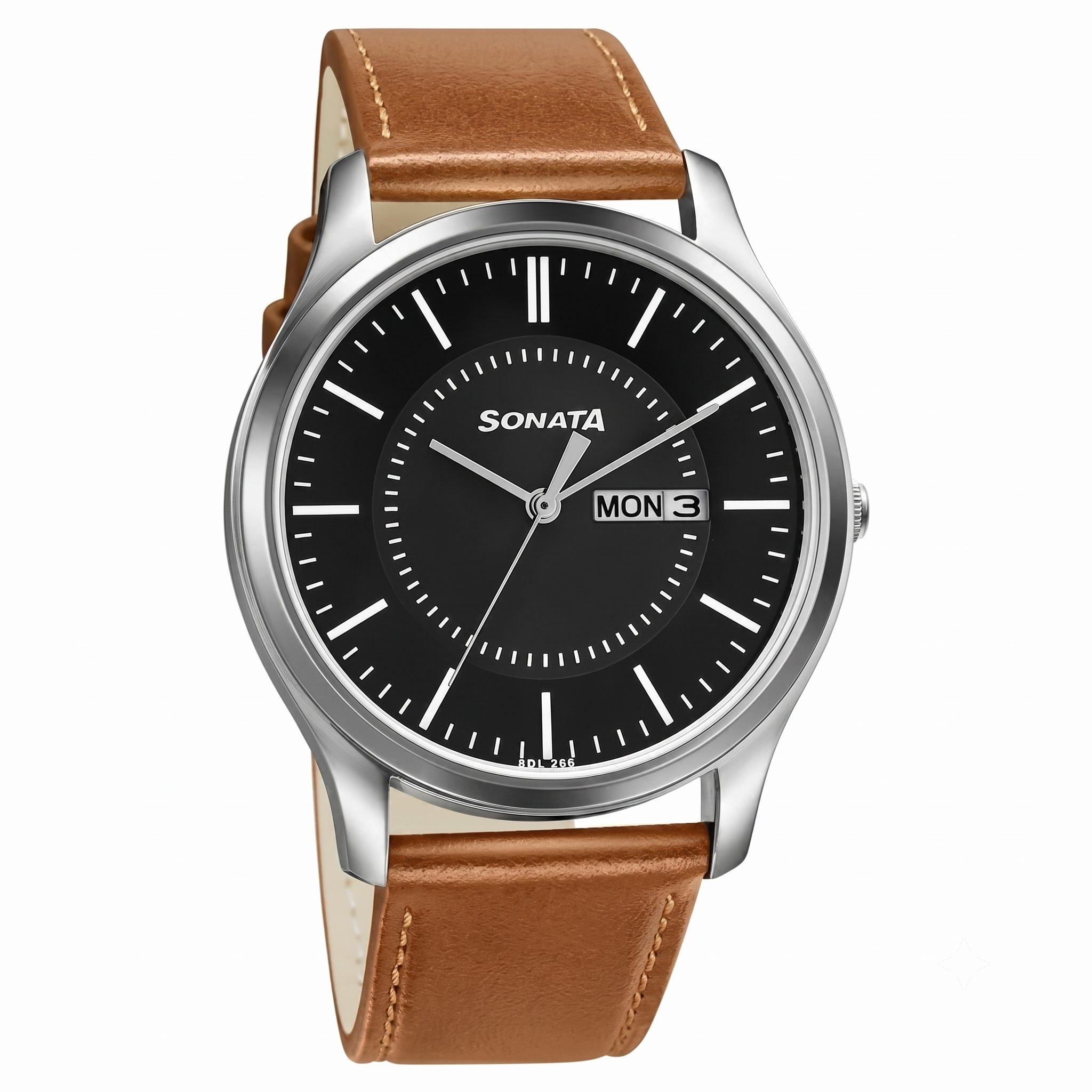 Sonata 77082SL08W | Sonata Quartz Analog with Day and Date Black Dial Leather Strap Watch for Men
