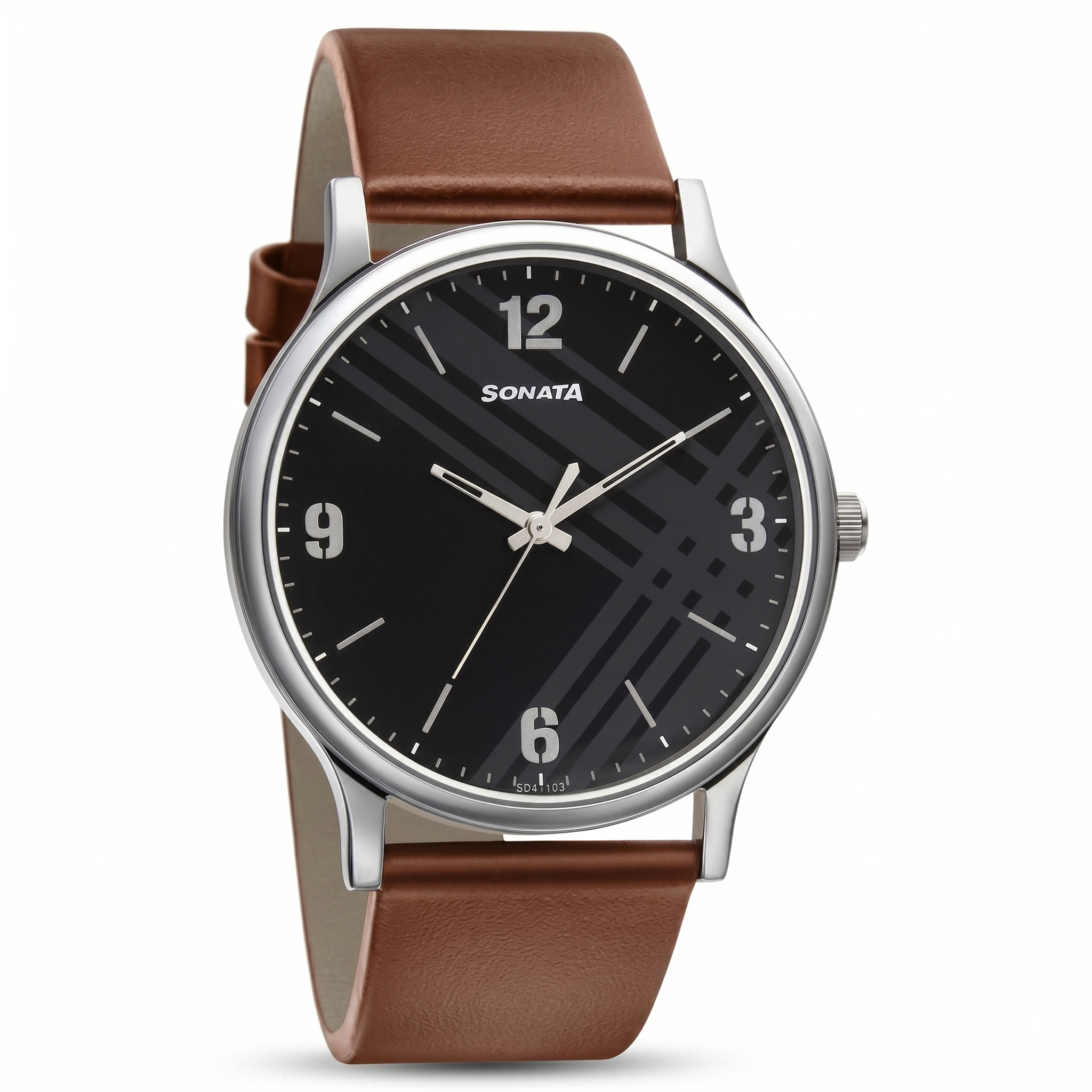 Sonata NR77105SL02W | Sonata Smart Plaid Quartz Analog Black Dial Leather Strap Watch for Men