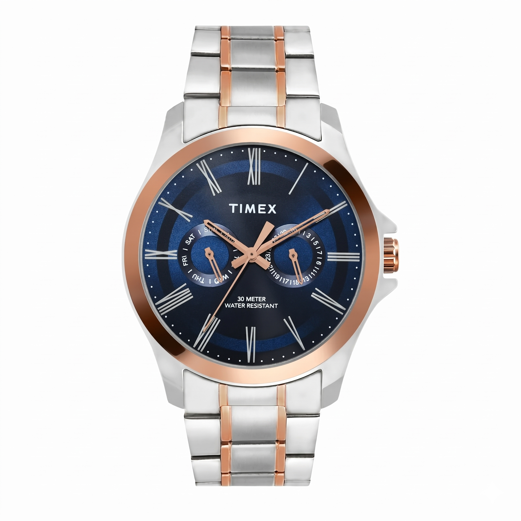 Timex TW000X131 | Timex Men Analog Blue Round Brass Dial Watch.