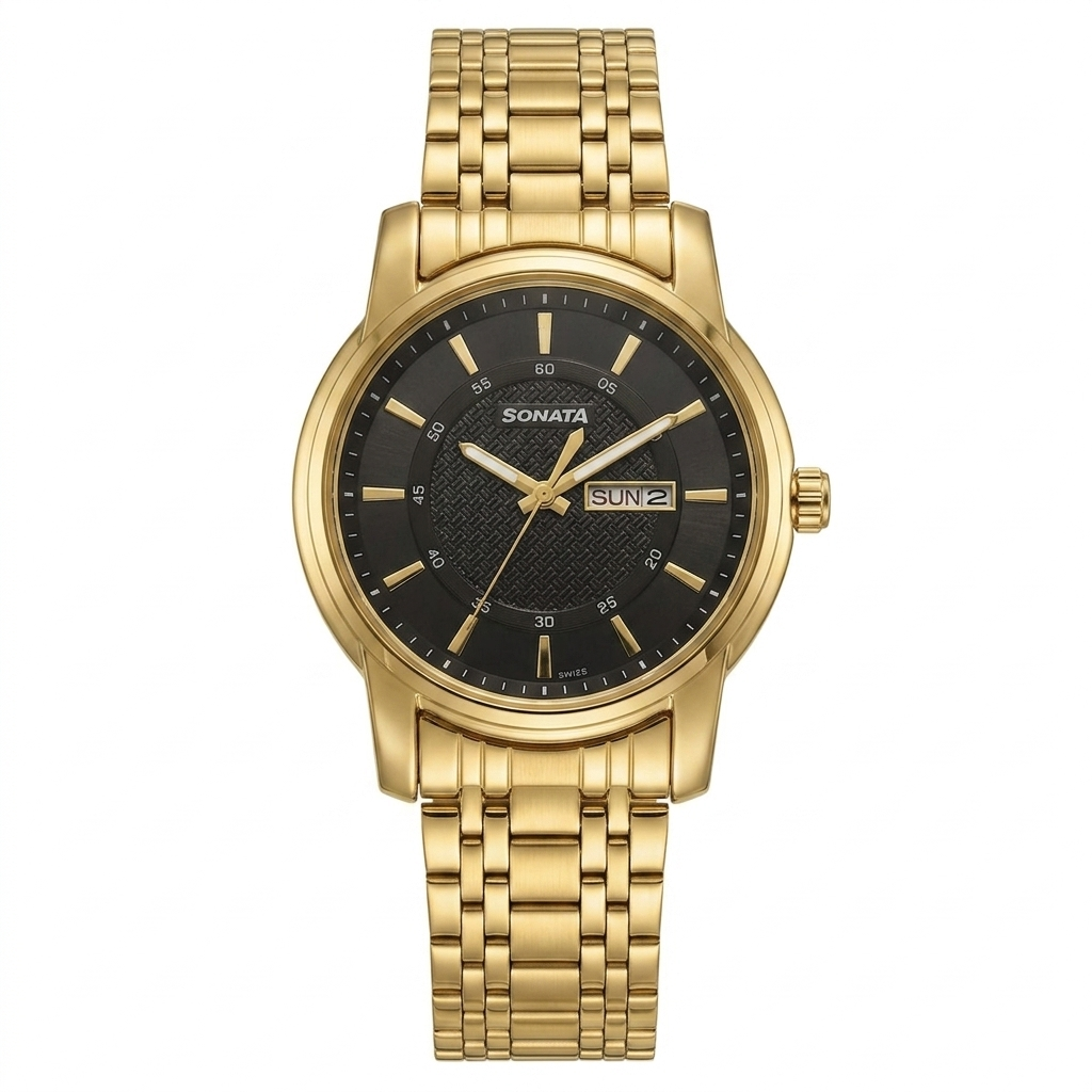 Sonata 77141YM01 | Sonata Quartz Analog with Day and Date Black Dial Golden Stainless Steel Strap Watch For Men