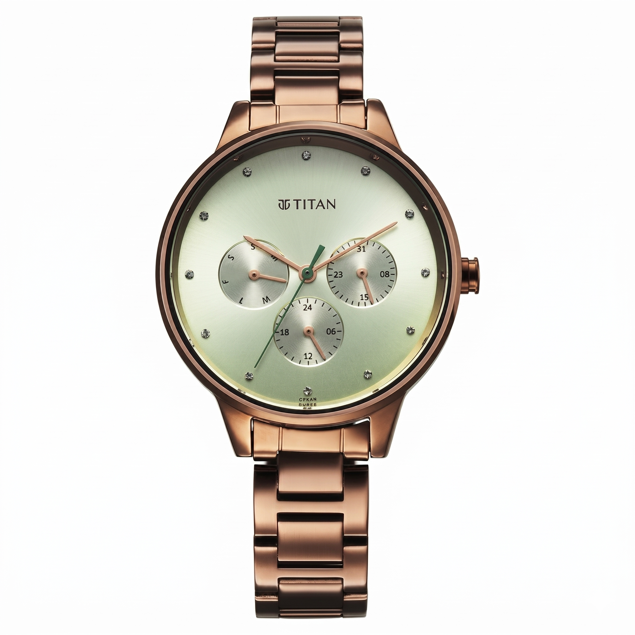 Titan 2648QM03 | Titan Razzle Dazzle Quartz Analog with Day and Date Green Dial Brown Stainless Steel Strap Watch For Women