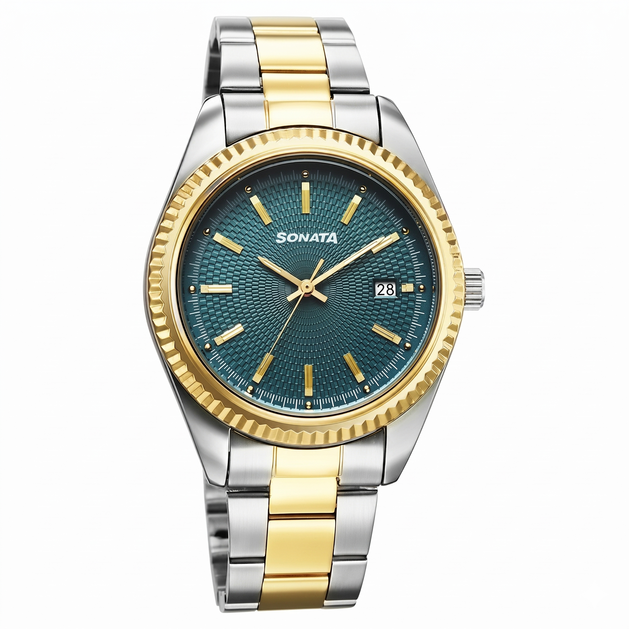 Sonata 77198KM01 | Sonata Festive Quartz Analog with Date Green Dial Metal Strap Watch For Men