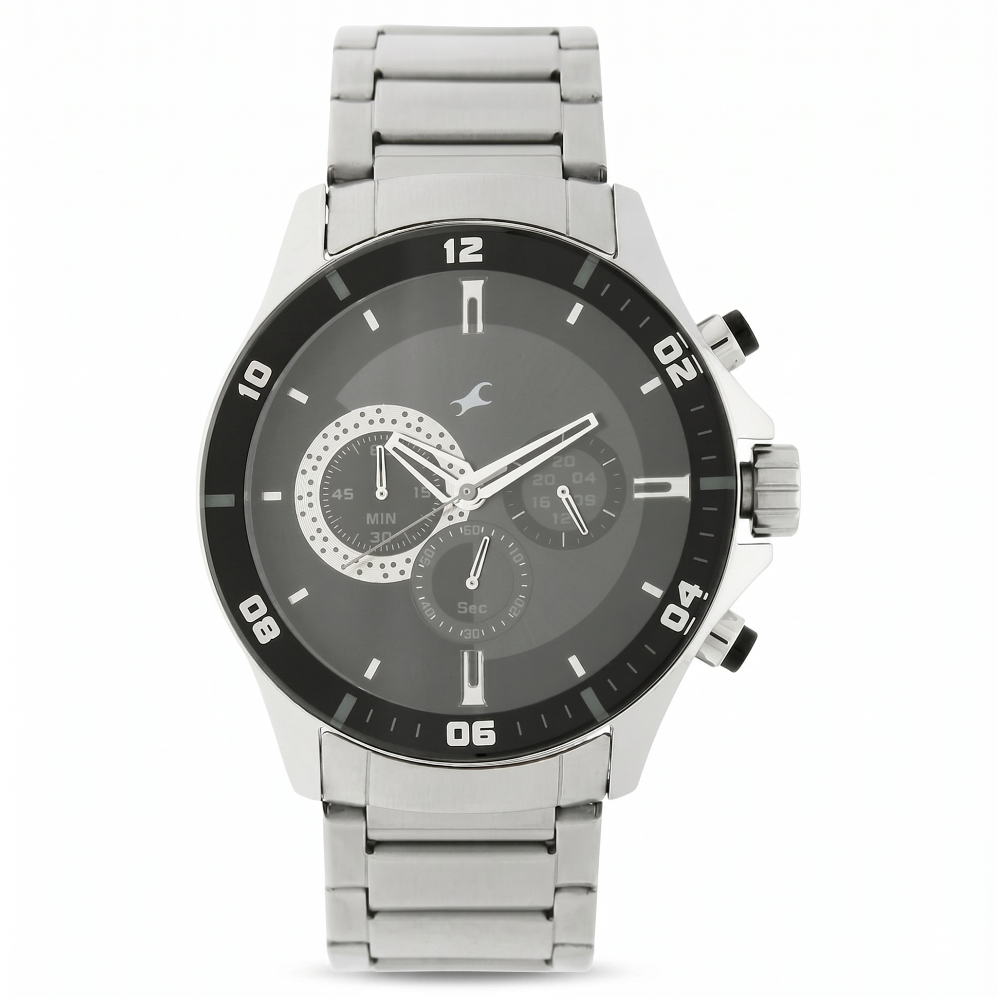 Fastrack NK3072SM02 | Fastrack Big Time Quartz Chronograph Black Dial Stainless Steel Strap Watch for Guys