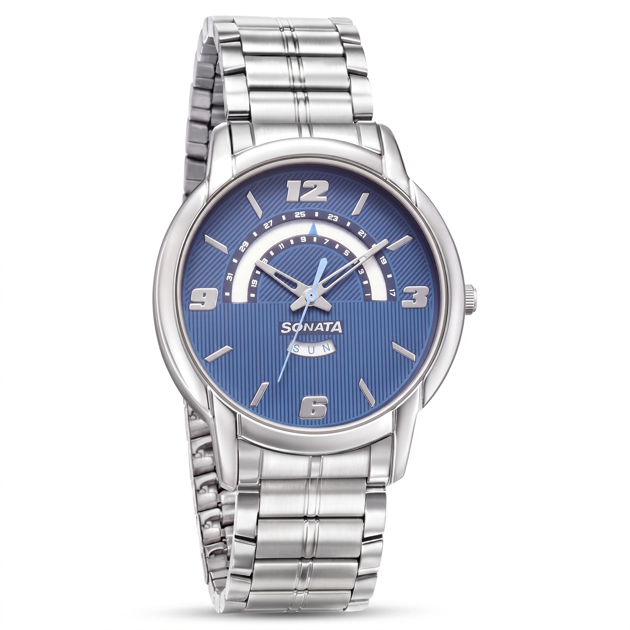 Sonata NN77031SM07 | Sonata RPM Quartz Analog with Day and Date Blue Dial Metal Strap Watch for Men