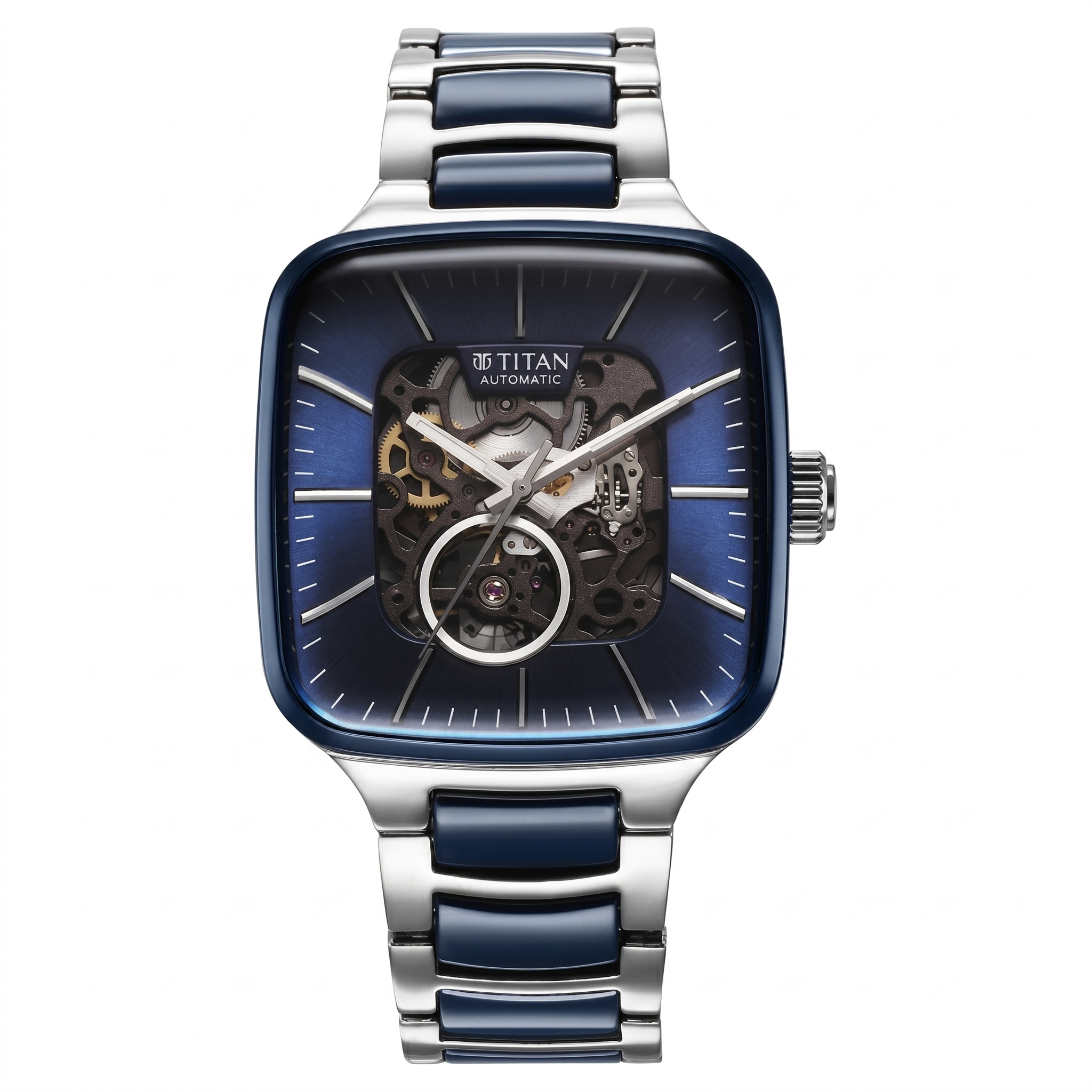Titan 90175KD02 | Titan Ceramic Fusion Automatic Square Blue Dial Rose Gold Dual-Toned Stainless Steel Bracelet Watch for Men