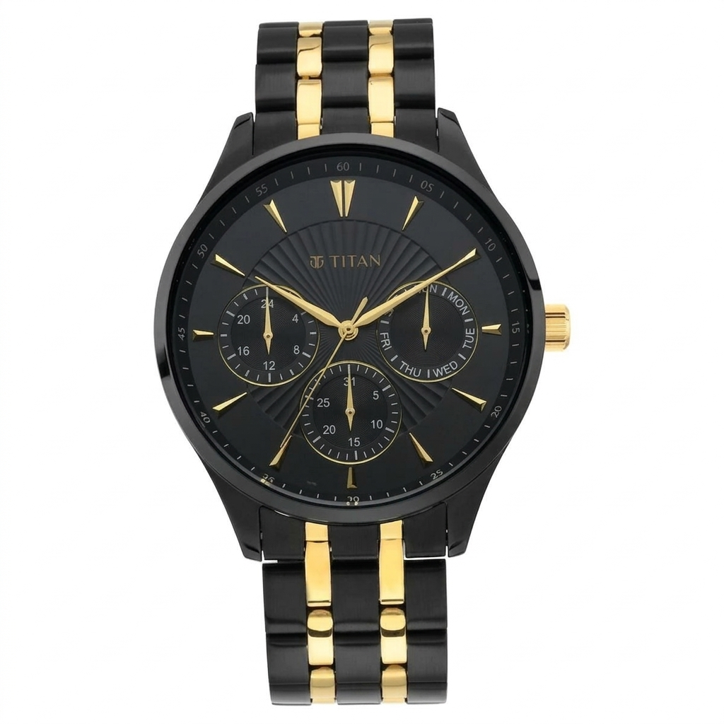Titan 90127KM01 | Titan Regalia Opulent Black Dial Multifunction Stainless Steel Strap watch for Men