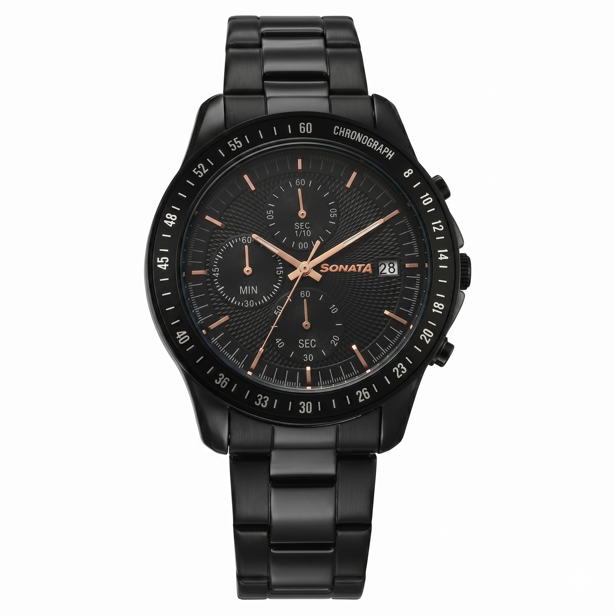Sonata 77187NM01 | Sonata Chronos Quartz Analog with Date Black Dial Black Colour Stainless Steel Strap Watch For Men