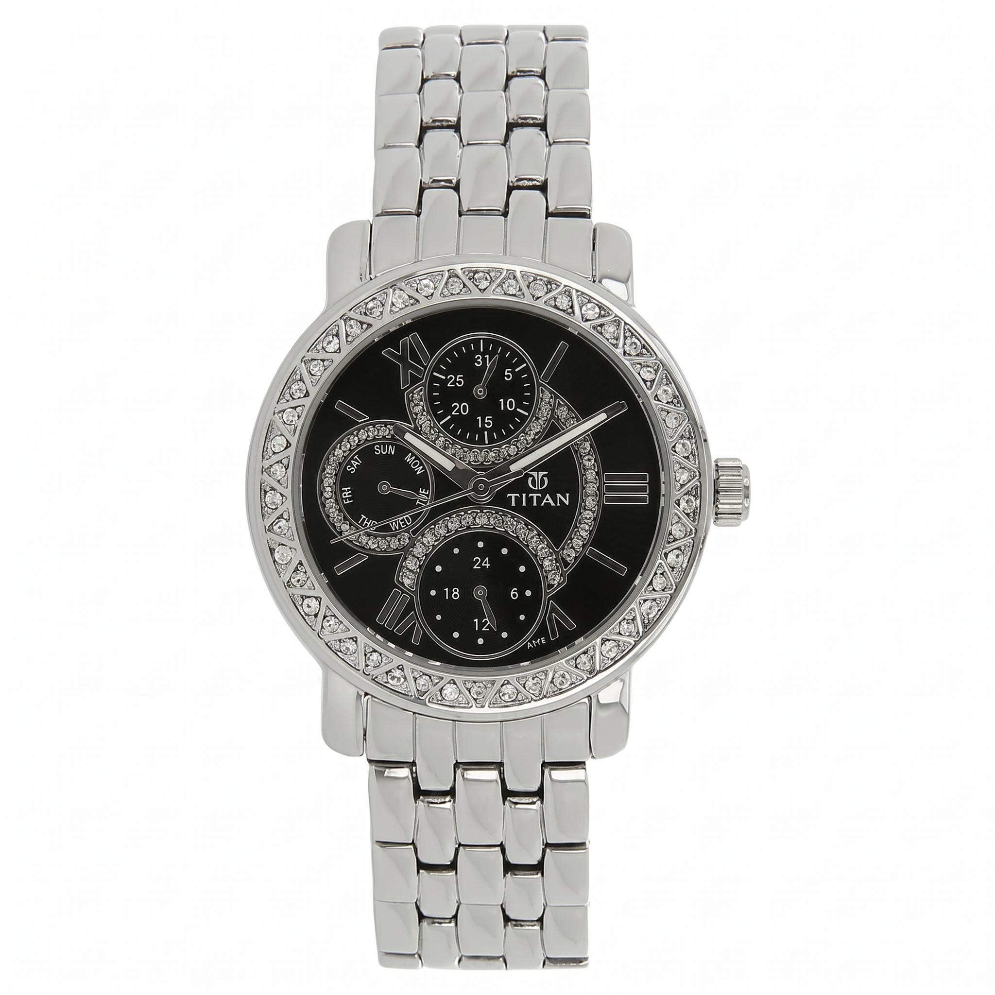 Titan 9743SM02 | Titan Quartz Analog with Day and Date Black Dial Stainless Steel Strap Watch for Women