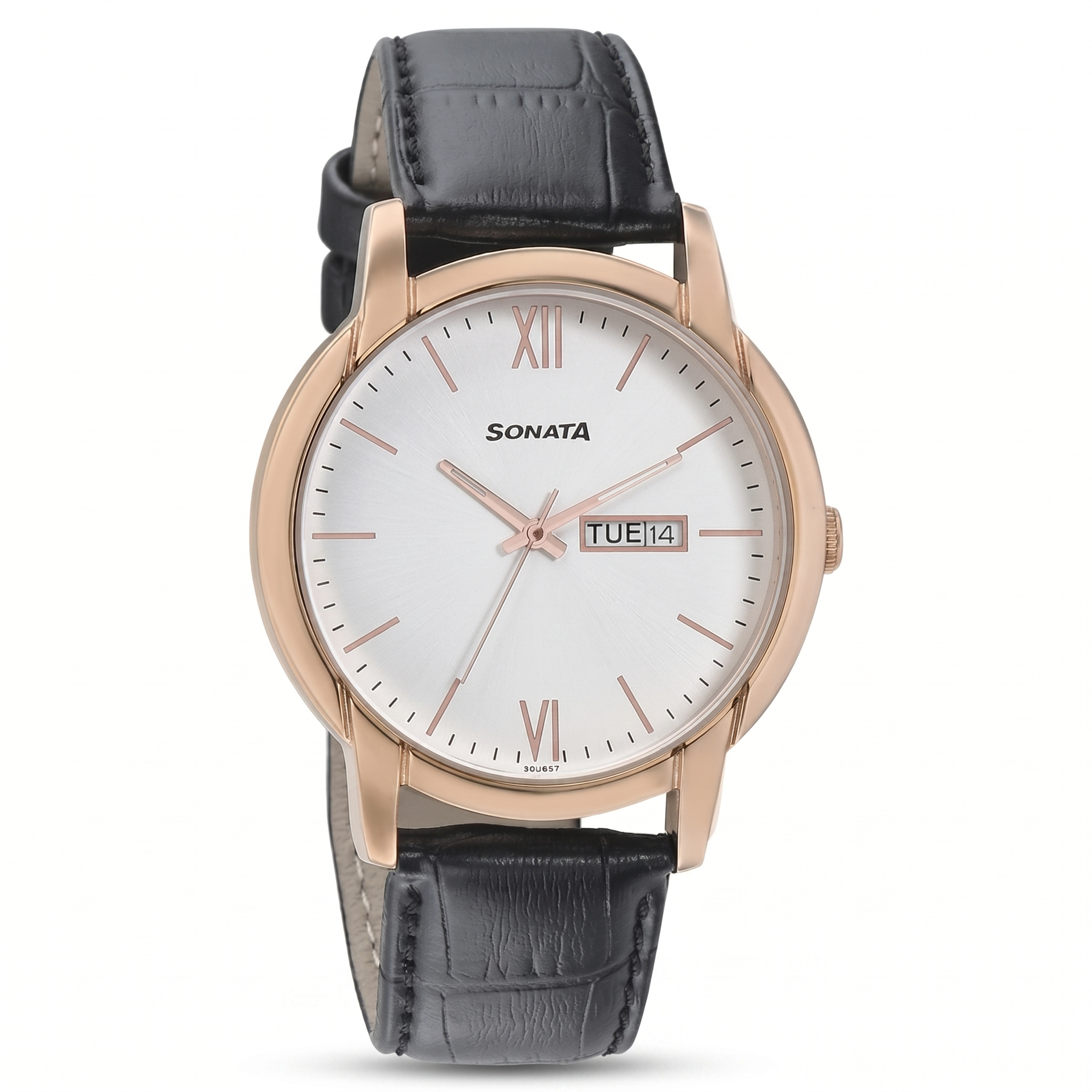 Sonata NP77031WL04 | Sonata Beyond Gold Quartz Analog with Day and Date White Dial Leather Strap Watch for Men