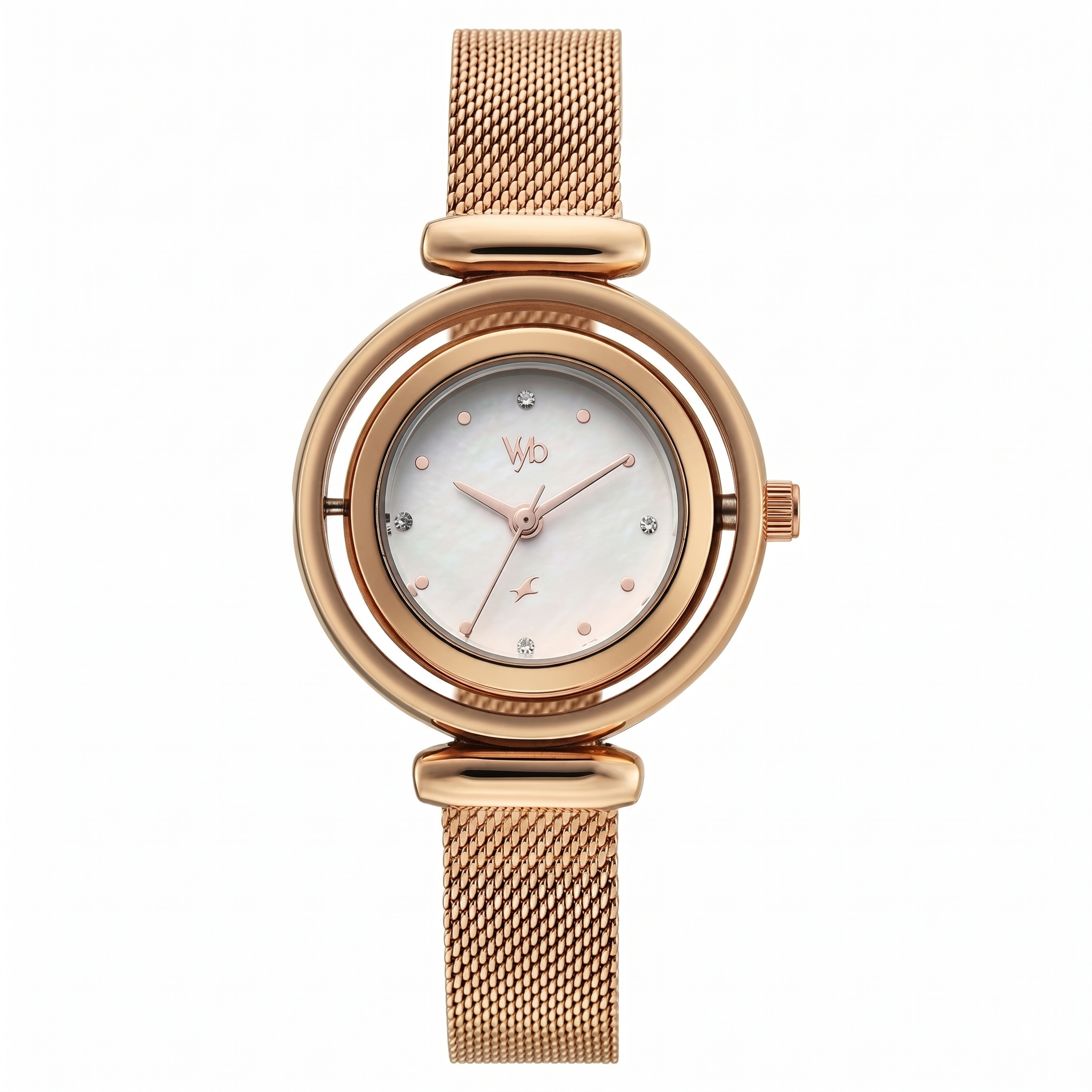 Fastrack FV60118WM01 | Vyb Celeste By Fastrack Quartz Analog White Dial Rose Gold Stainless Steel Strap Watch For Girls