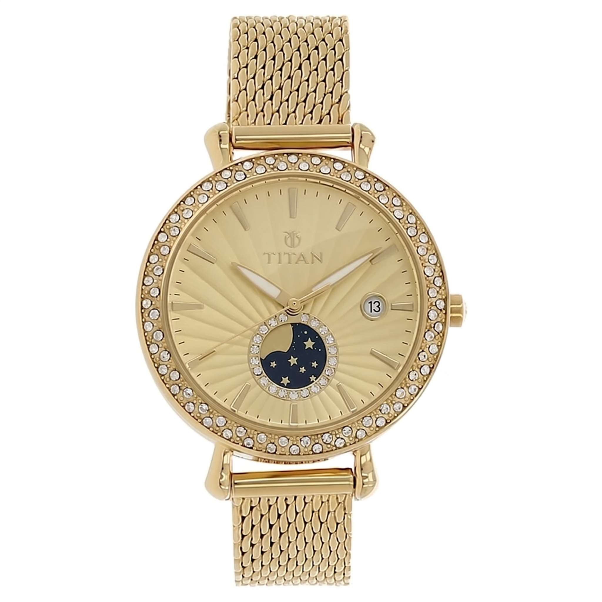 Titan 95015YM01 | Titan Quartz Analog Moonphase Champagne Dial Stainless Steel Strap Watch for Women