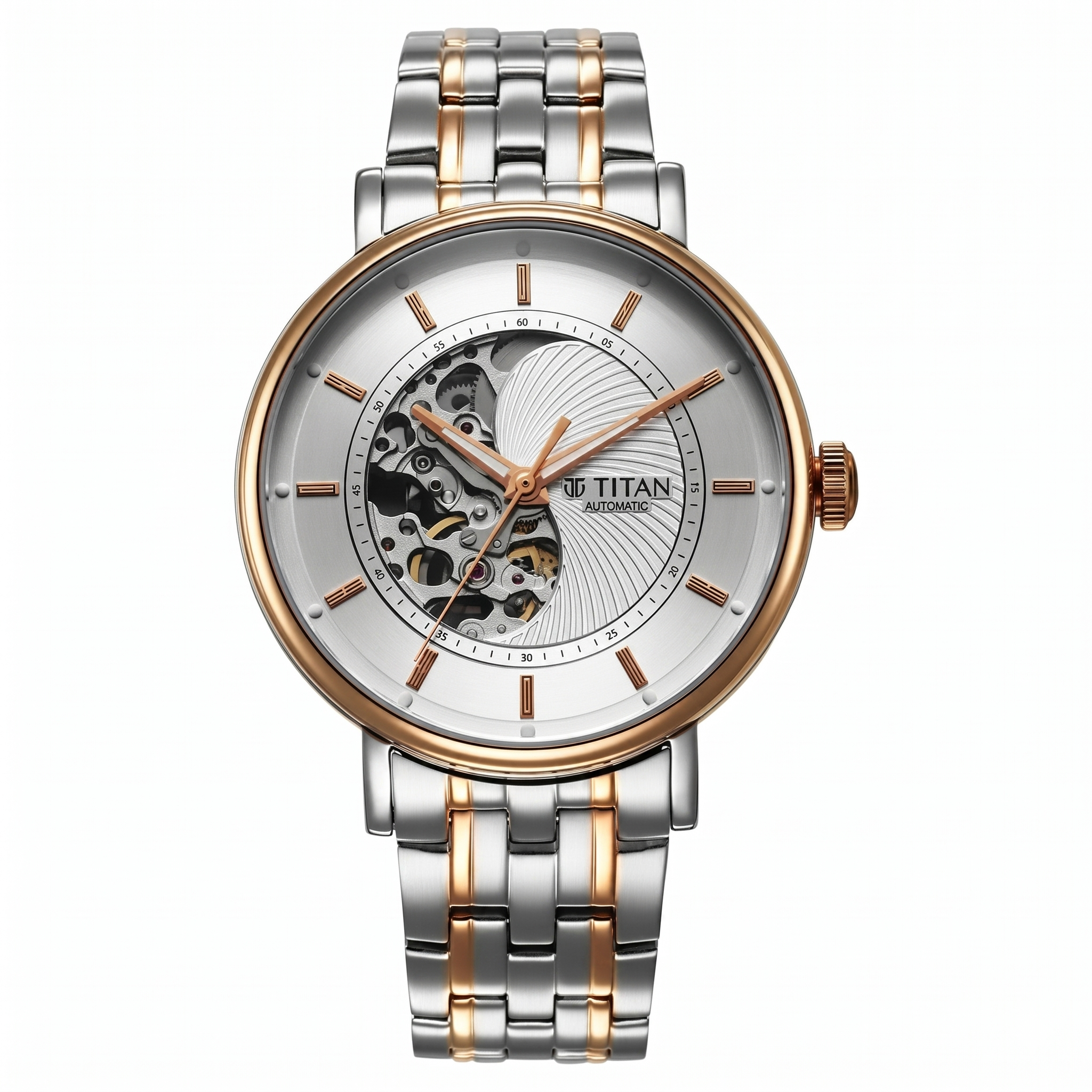 Titan 90222KM01 | Titan Yin Yang Skeletal Automatic Analog with White Dial Silver and Rose Gold Stainless Steel Strap Watch for Men