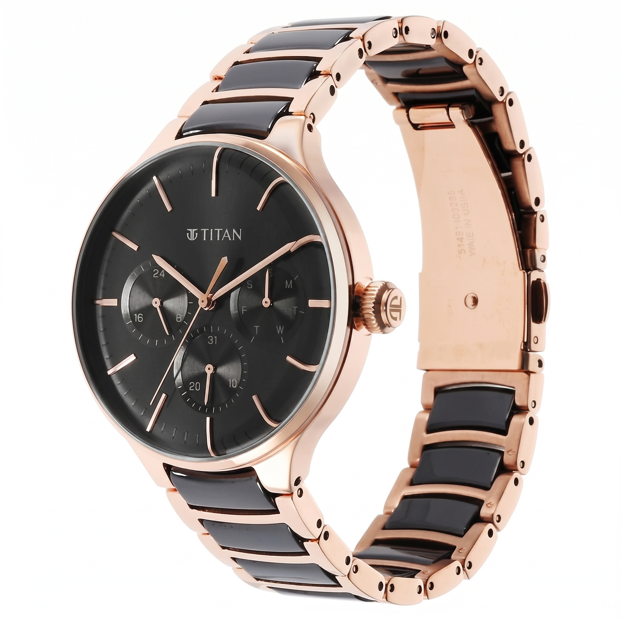 Titan 90148KD03 | Titan Ceramic Fusion Quartz Multifunction Black Dial Rose Gold Dual-Toned Stainless Steel Bracelet Watch for Men