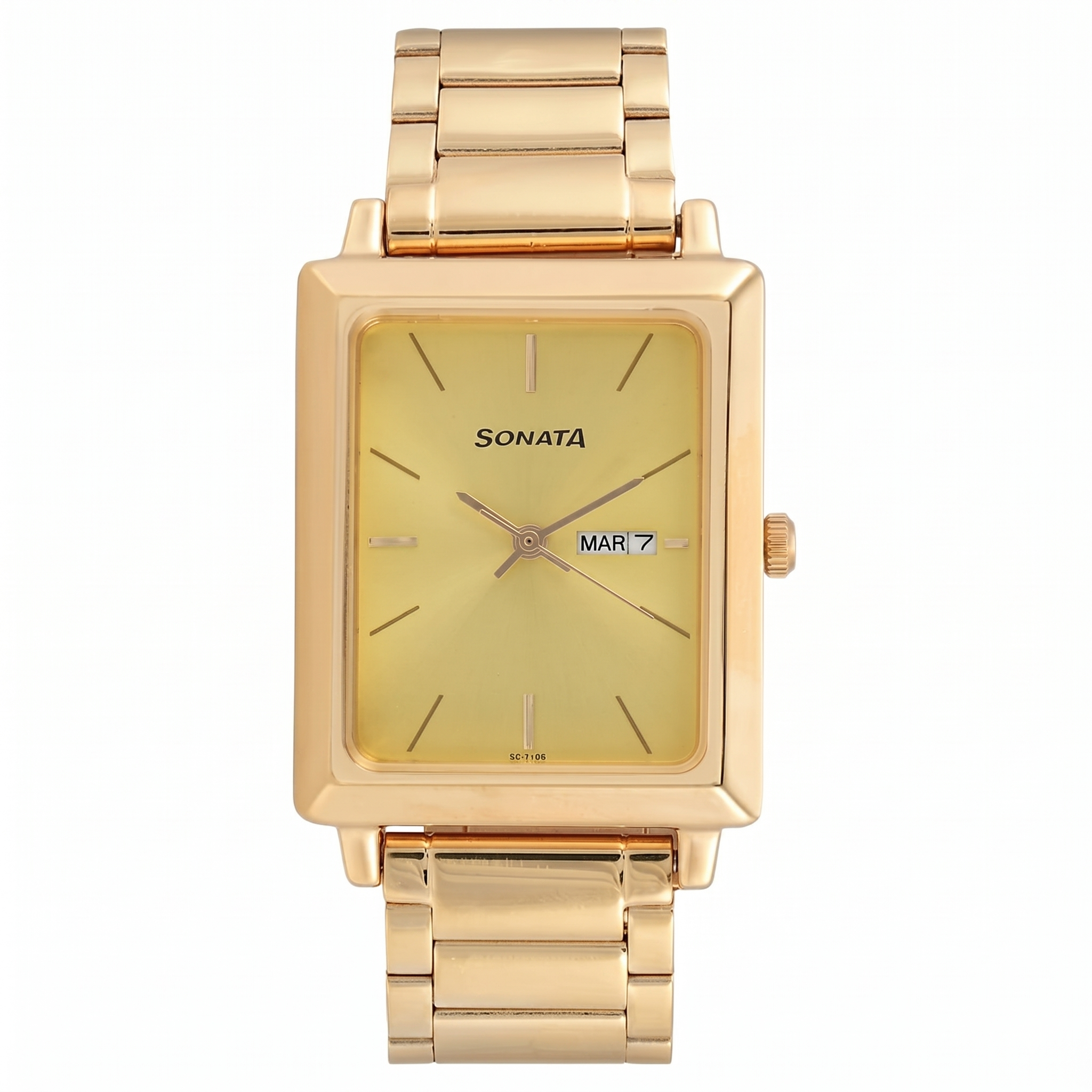 Sonata NS7078YM04 | Sonata Quartz Analog with Day and Date Champagne Dial Stainless Steel Strap Watch for Men