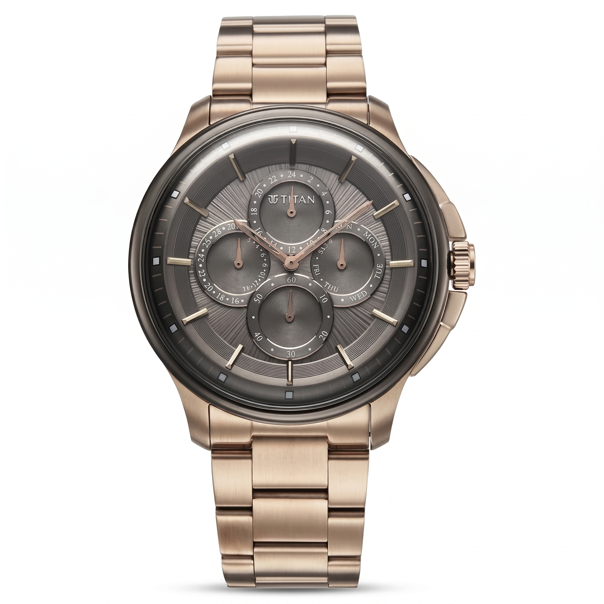 Titan 90217KM02 | Titan Classique Four Eye Multifunction Analog with Anthracite Dial Carnation Gold Stainless Steel Strap Watch for Men
