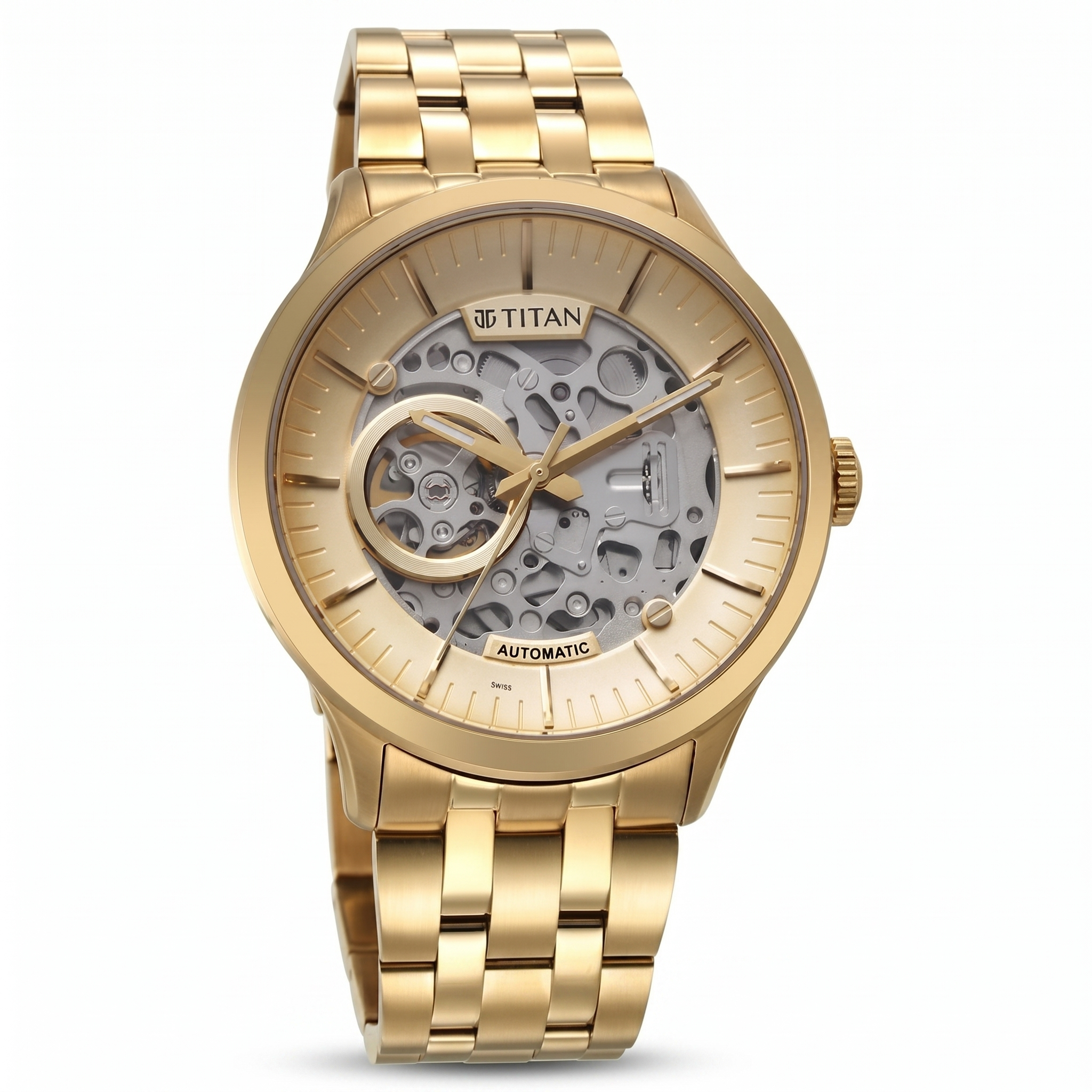 Titan 90140YM01 | Titan Metal Mechanicals Golden Dial Golden Stainless Steel Strap Watch for Men