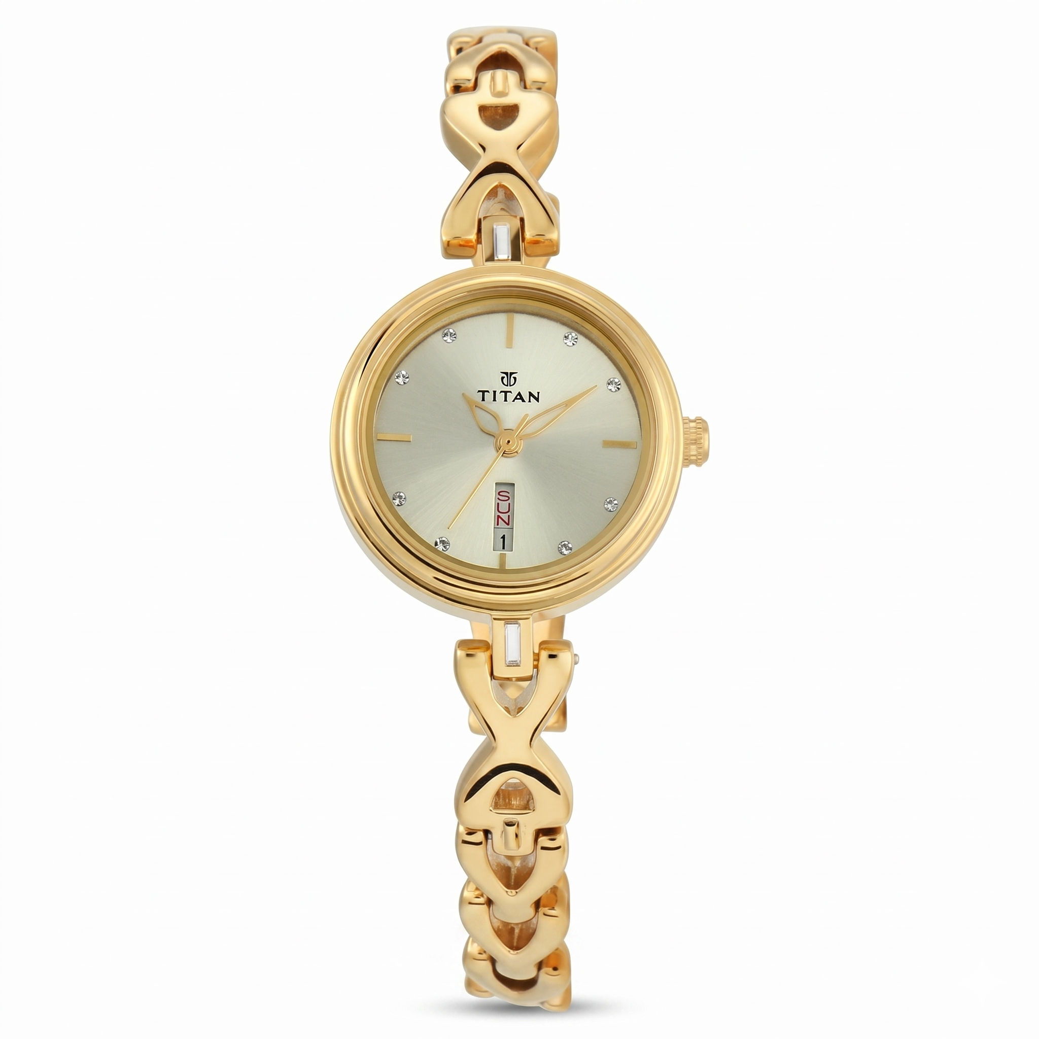 Titan 2601YM03 | Titan Quartz Analog with Day and Date Champagne Dial Metal Strap Watch for Women