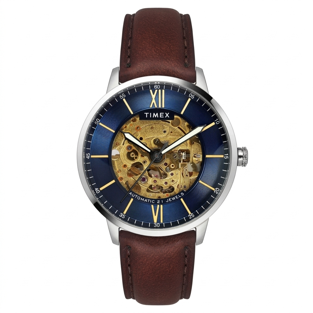 Timex TWEG23501 | Timex Men Automatic Blue Round Stainless Steel Dial Watch.
