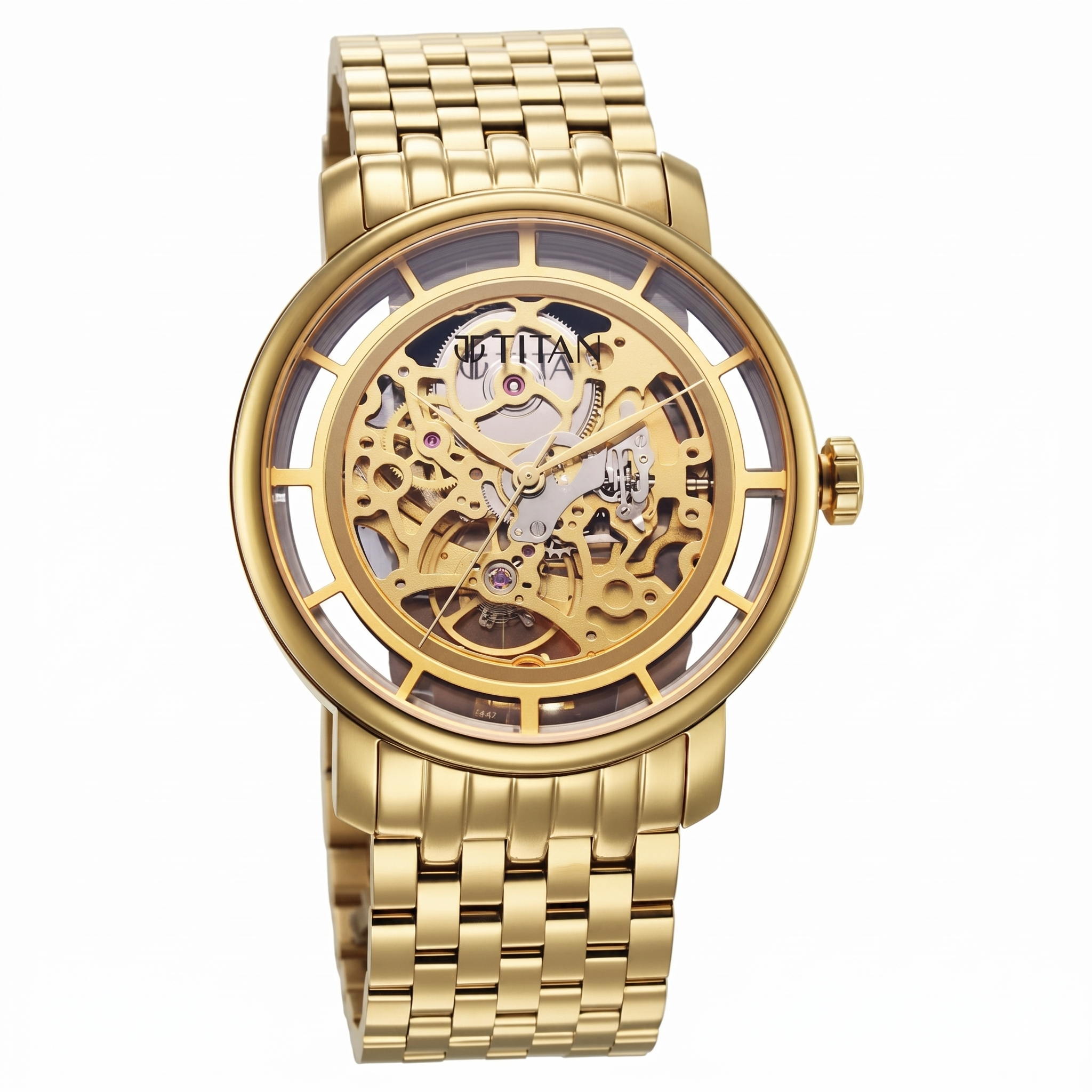 Titan 90158YM01 | Titan Mechanical Slimline Golden Dial Golden Stainless Steel Strap watch for Men