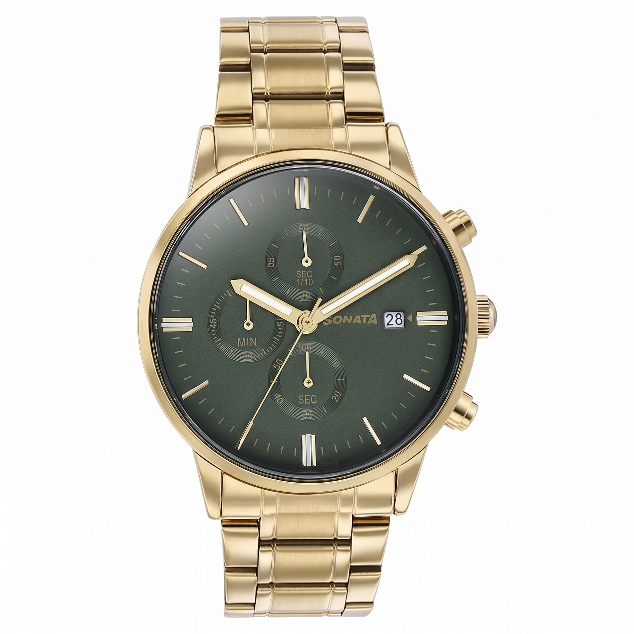 Sonata 77145YM01 | Sonata Quartz Multifunction Green Dial Golden Stainless Steel Strap Watch For Men