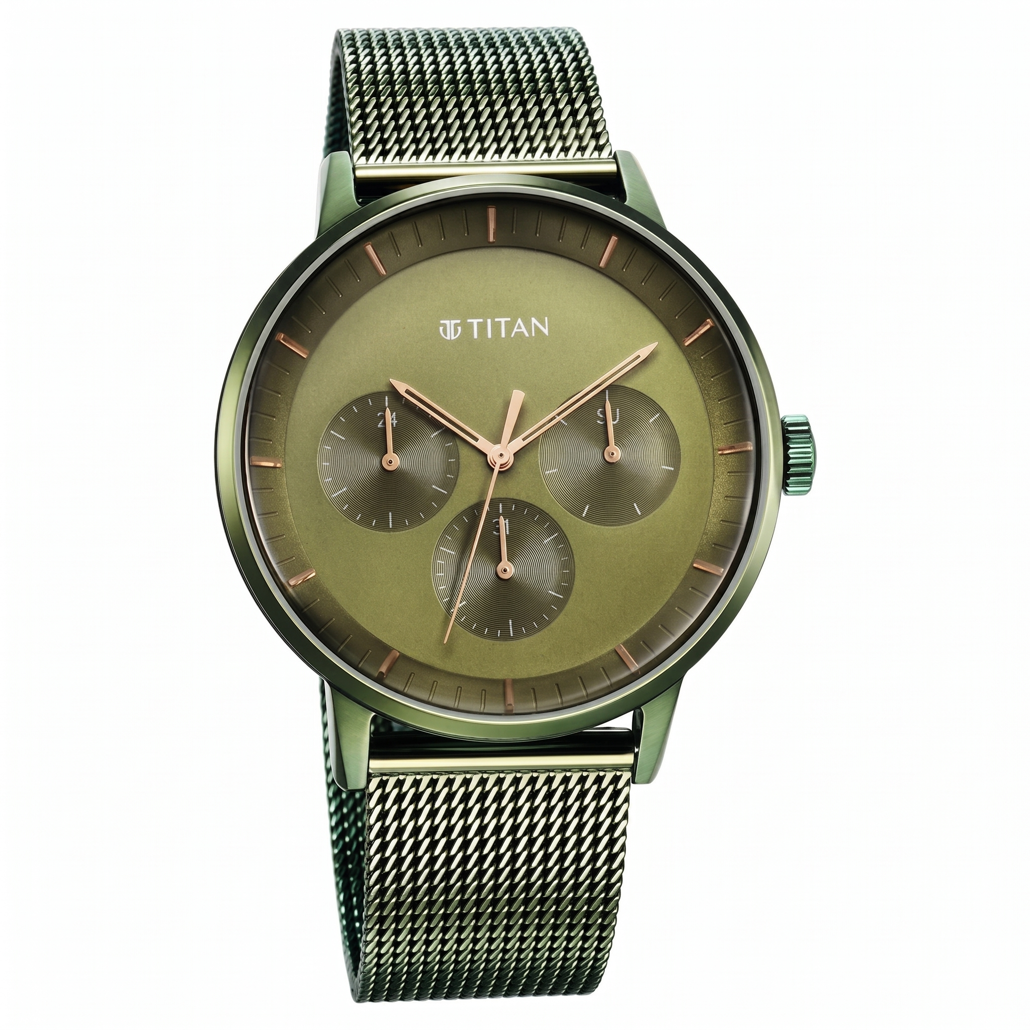Titan 94006QM03 | Titan Modern Classics Green Dial Quartz Multifunction Stainless Steel Strap Watch for Men