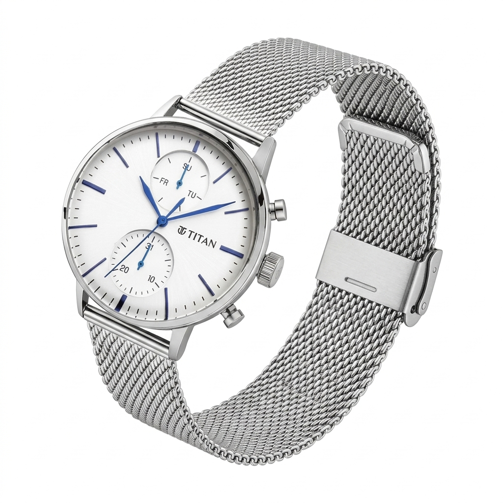 Titan 90135NM01 | Titan Light Leathers Multifunction Silver Dial Silver Stainless Steel Strap Watch For Men