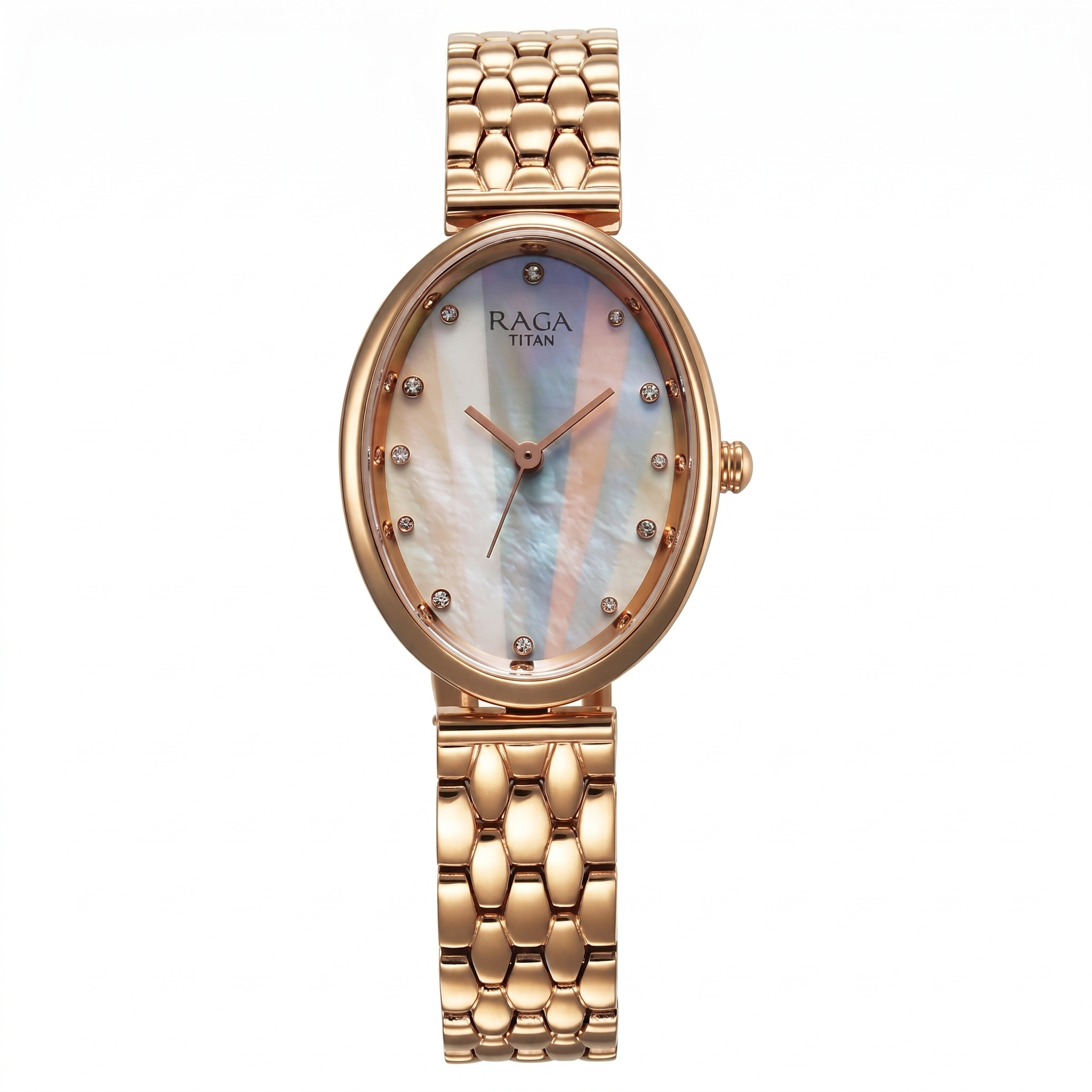 Titan 95258WM01F | Titan Raga Memoirs Quartz Analog Mother Of Pearl Dial Rose Gold Metal Strap Oval Shaped Watch For Women