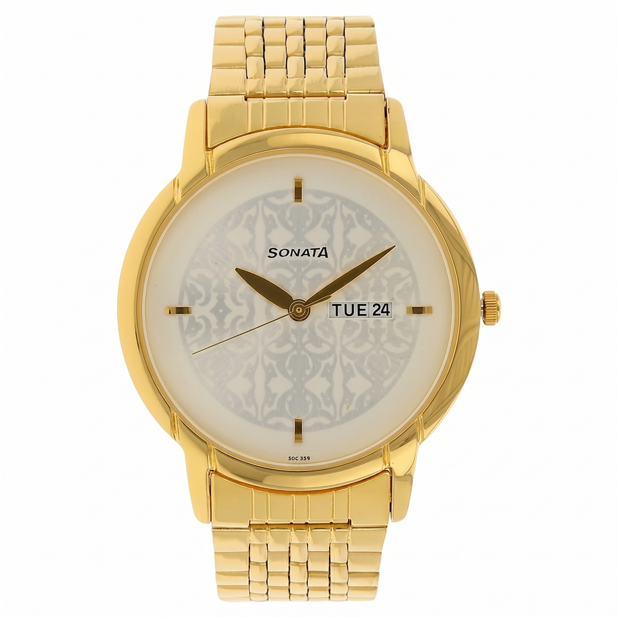 Sonata NS77031YM03 | Sonata Quartz Analog with Day and Date Silver Dial Golden Stainless Steel Strap Watch For Men