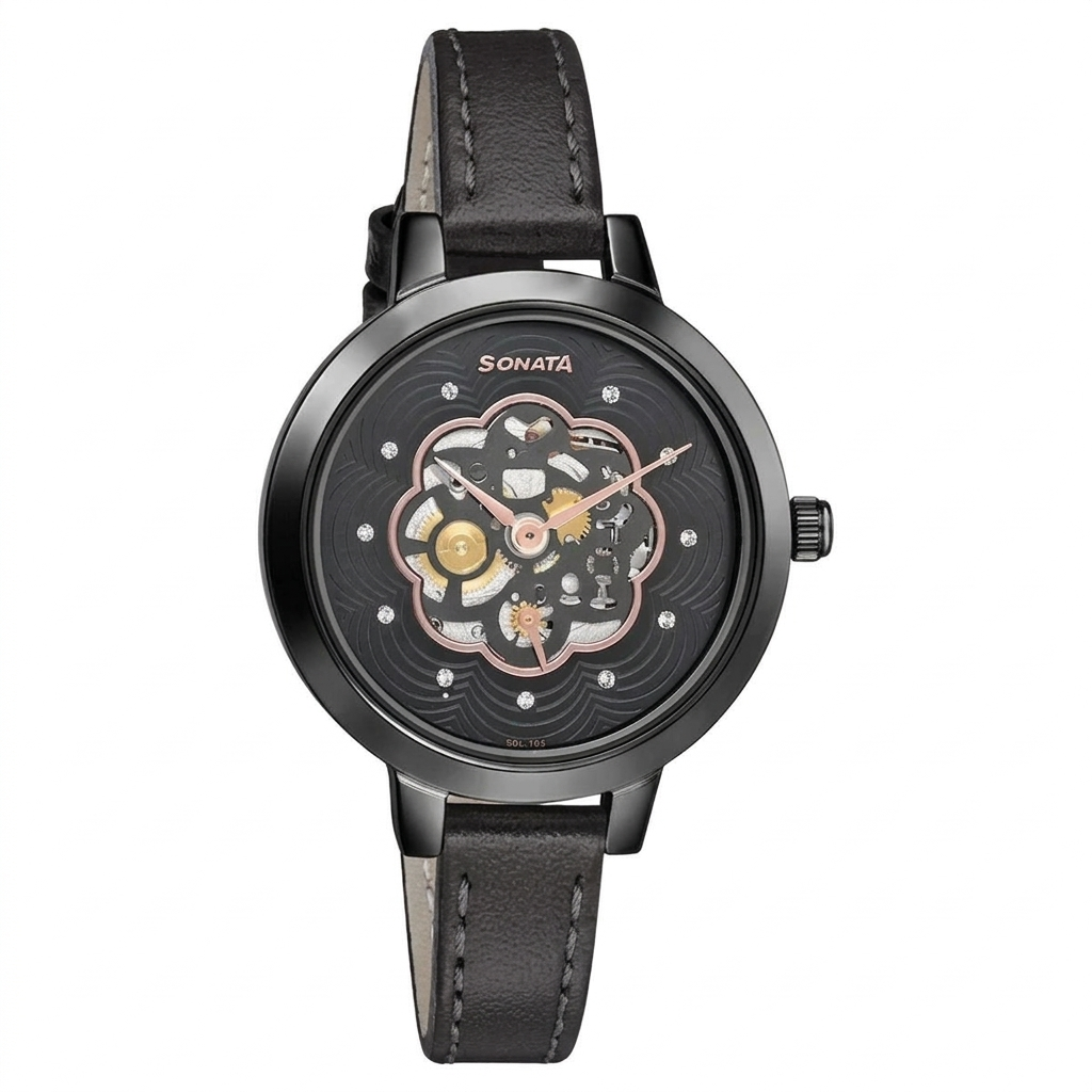 Sonata 8141NL04 | Sonata Unveil Black Dial Women Watch With Leather Strap