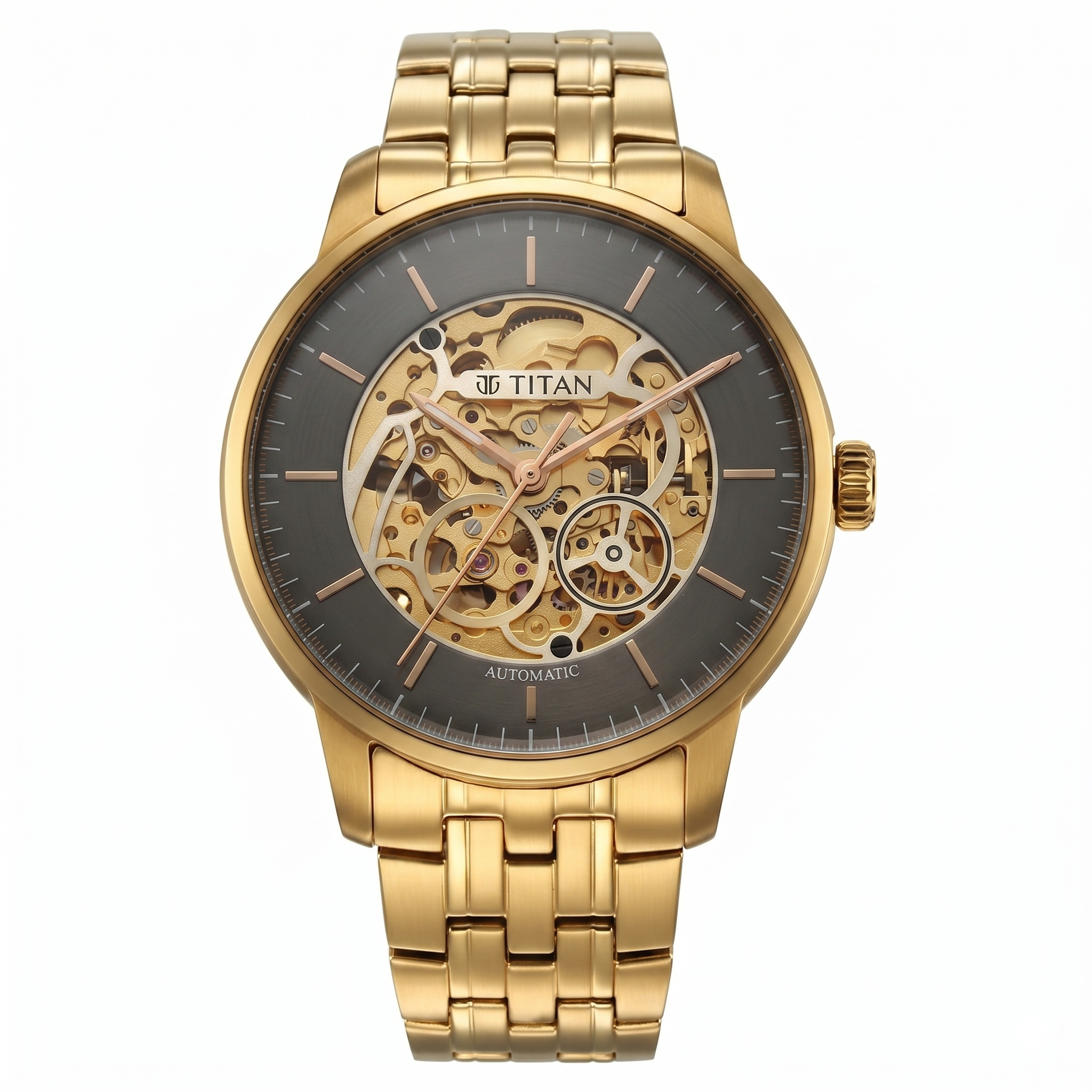 Titan 90110YM01 | Titan Golden Heart Skeletal Automatic Analog with Silver Dial Yellow Gold Stainless Steel Strap Watch for Men