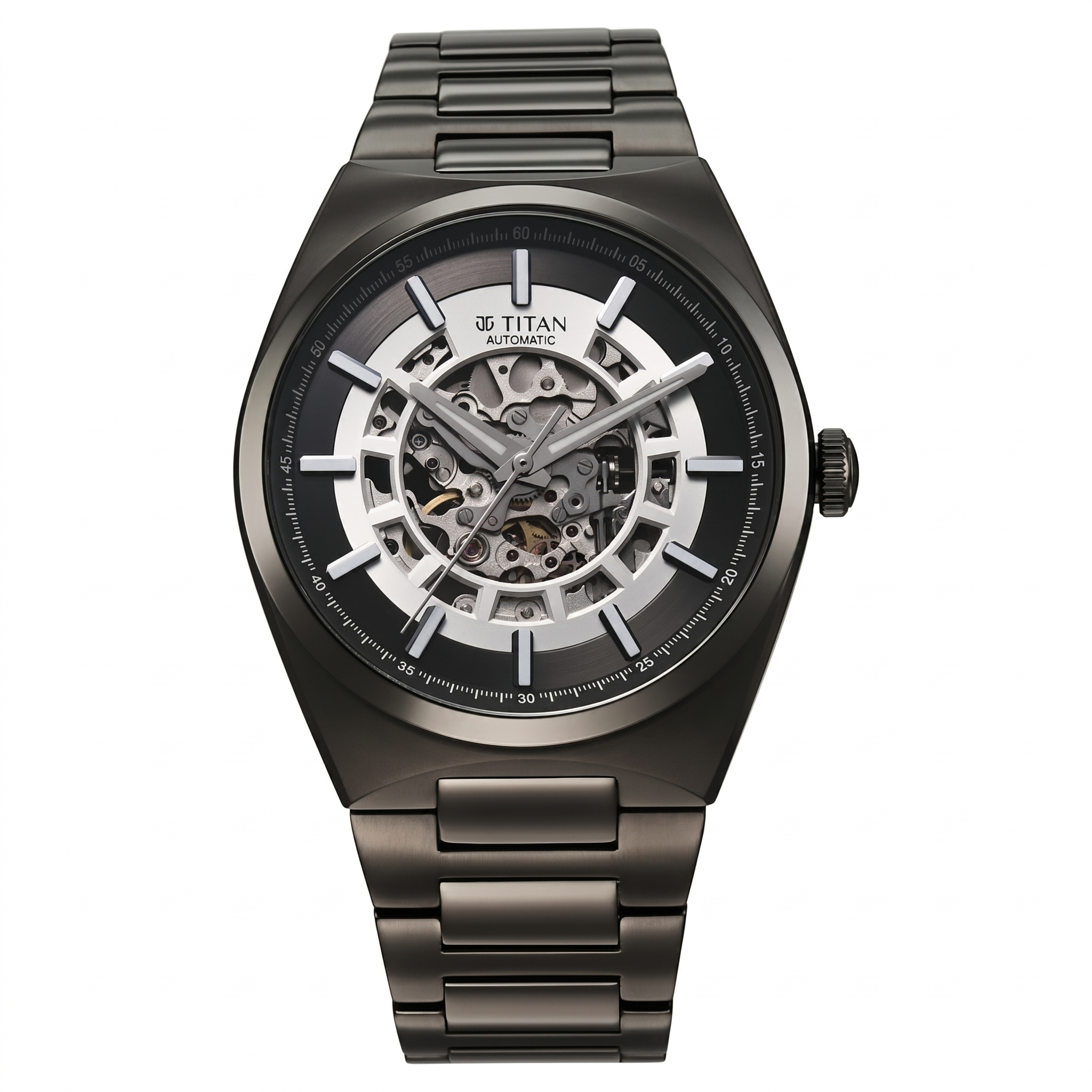 Titan 90221QM02 | Titan Nexus Skeletal Automatic Analog with Gun Dial Gun Stainless Steel Strap Watch for Men
