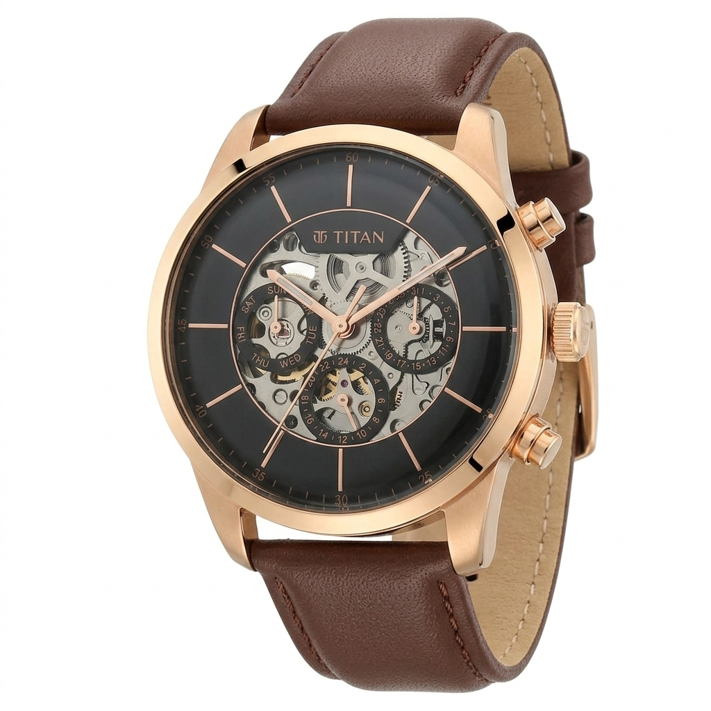 Titan 90126WL02 | Titan Automatic Sectoral Black Dial Brown Leather Strap Watch for Men